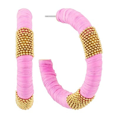 Pink Raffia & Gold Bead Hoops