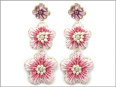 Pink & White Seed Bead Flower Earrings
