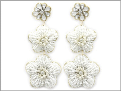 White Seed Bead Flower Earrings