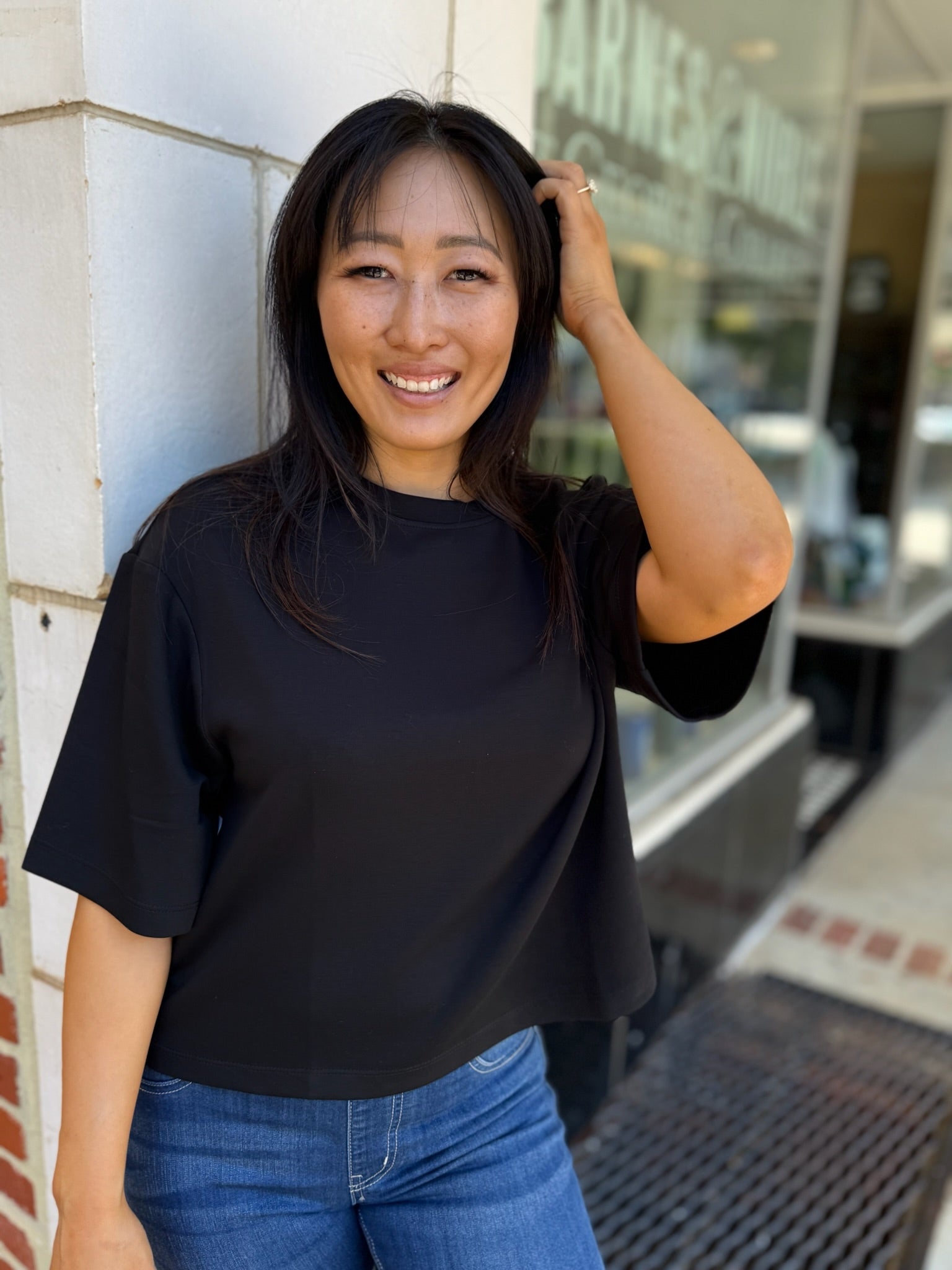 Black Double Knit Drop Shoulder Basic Top