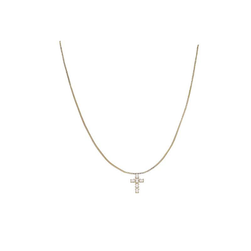 Gold Box Chain Necklace with Clear Crystal Cross Pendant