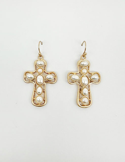 Graceful Pearl Cross Earrings
