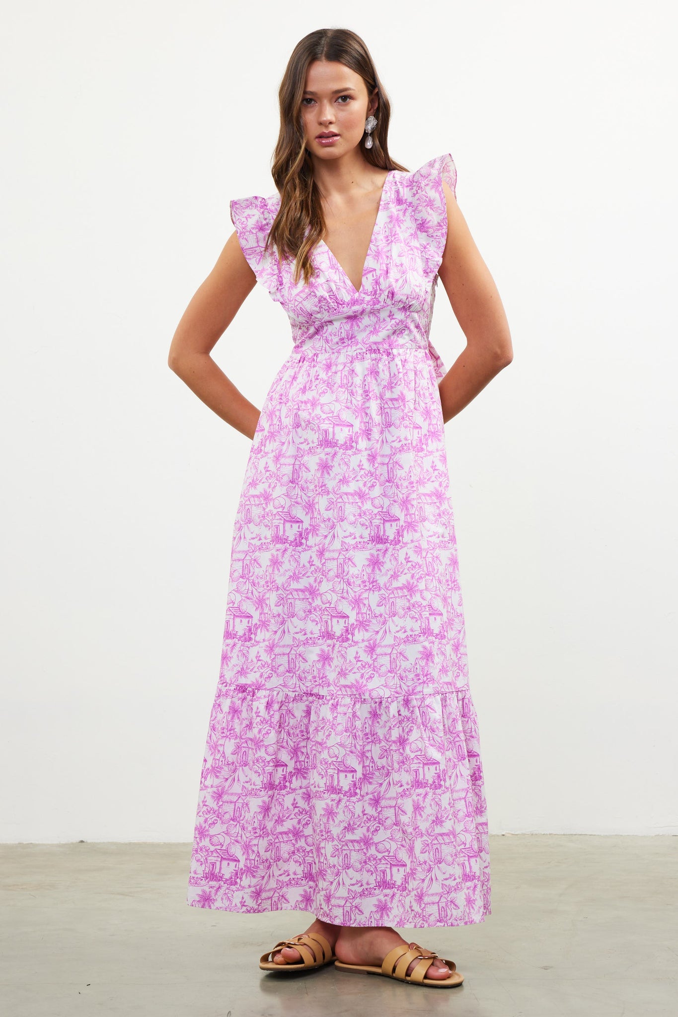 Printed Tie Back Ruffled Maxi Dress - Pink Magnolia