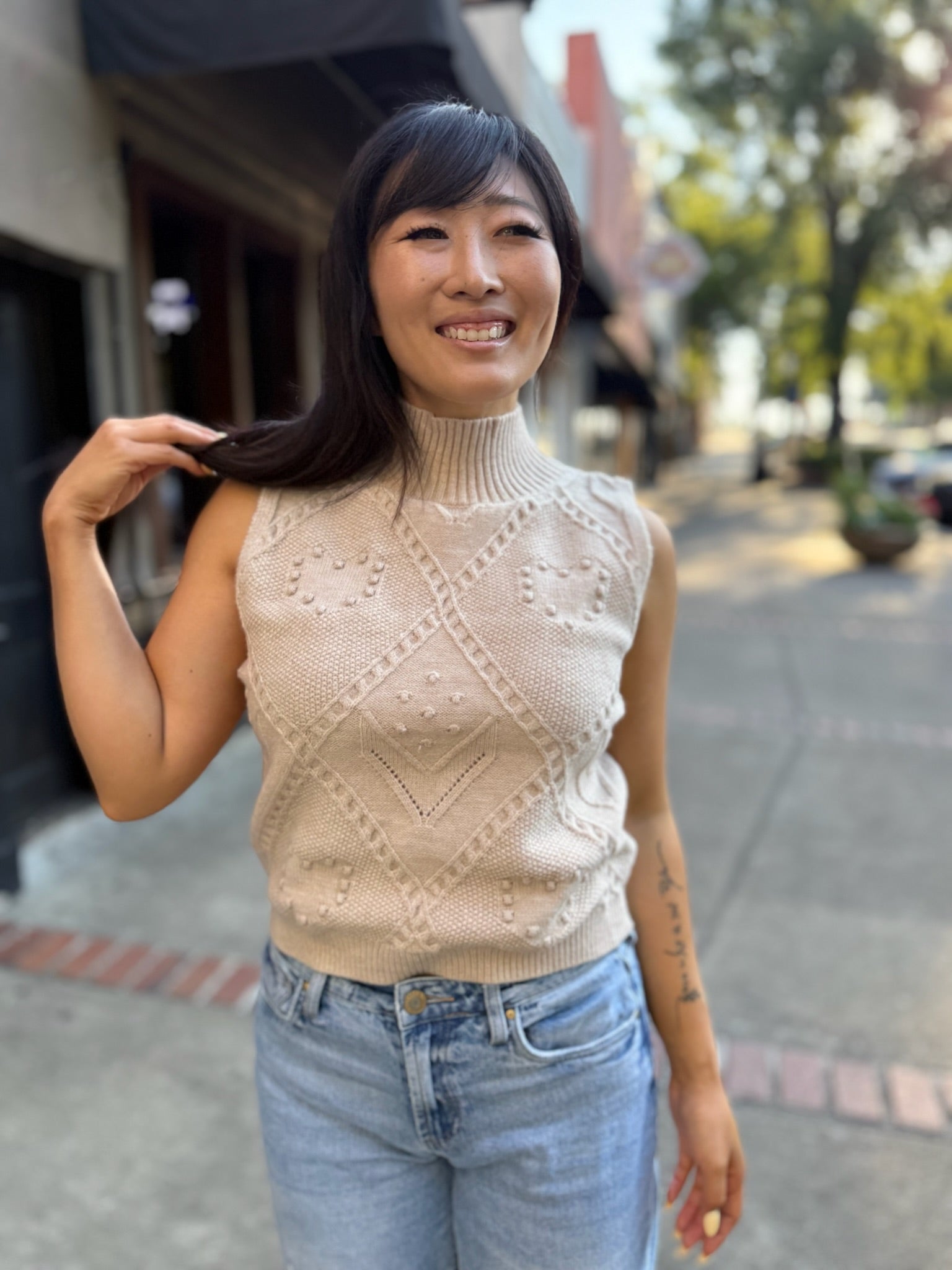 Taupe Cable Knit High Neck Sweater Tank