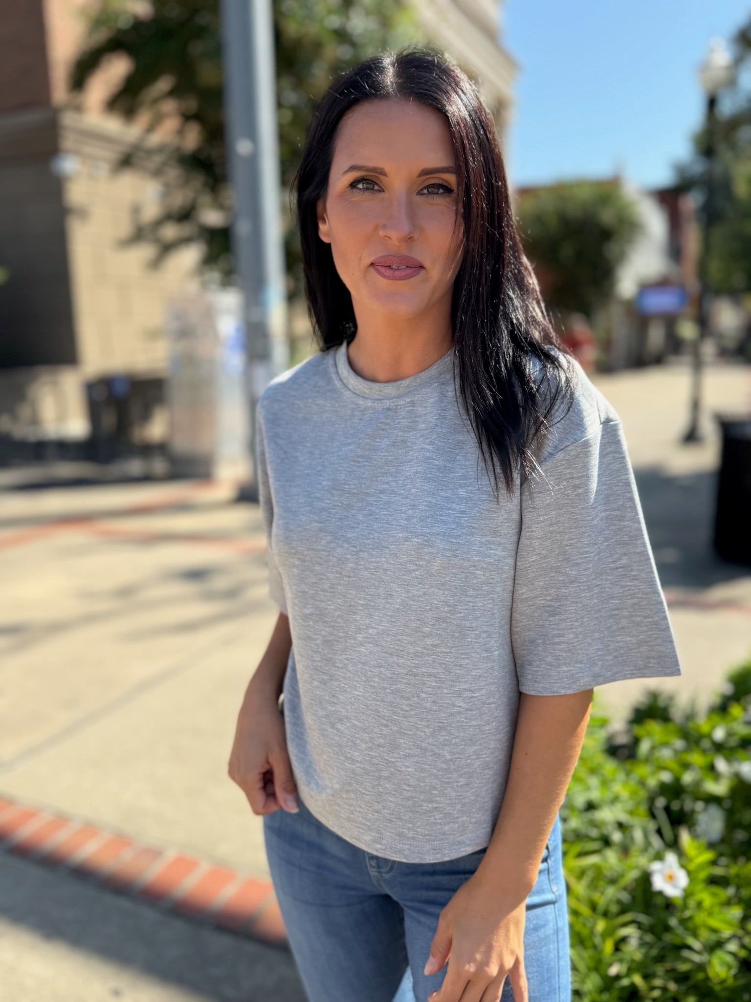 Heather Gray Double Knit Drop Shoulder Basic Top