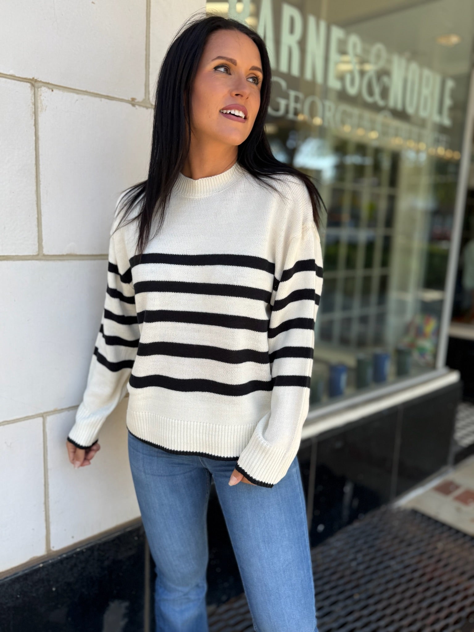 Off White Striped Casual Crew Neck Soft Sweater