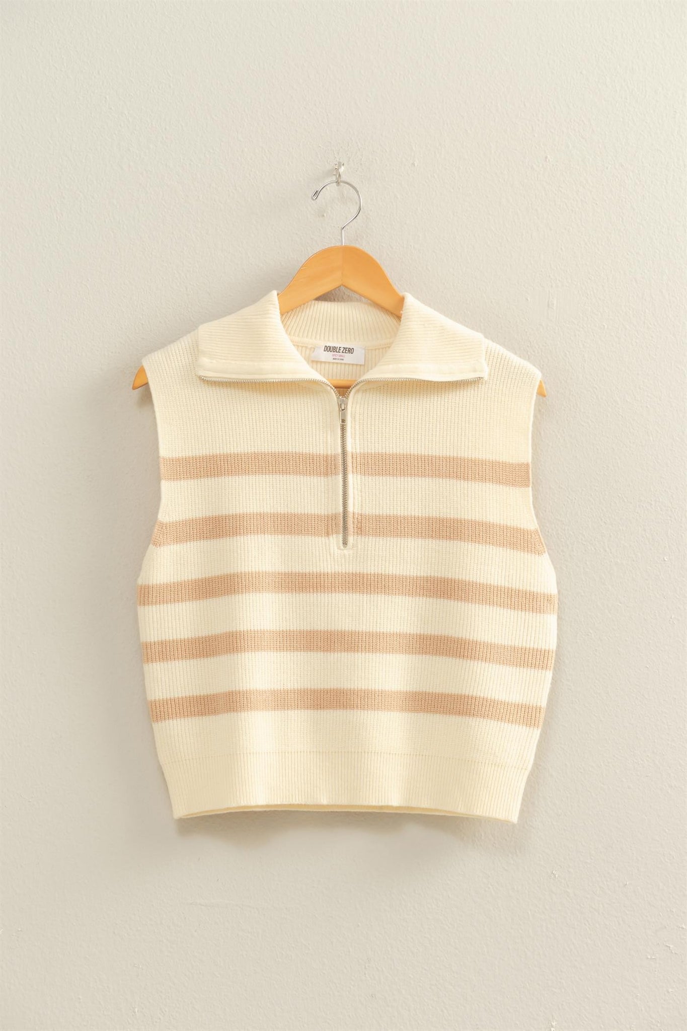 Cream/Taupe Striped Knit Half Zip Sweater Vest