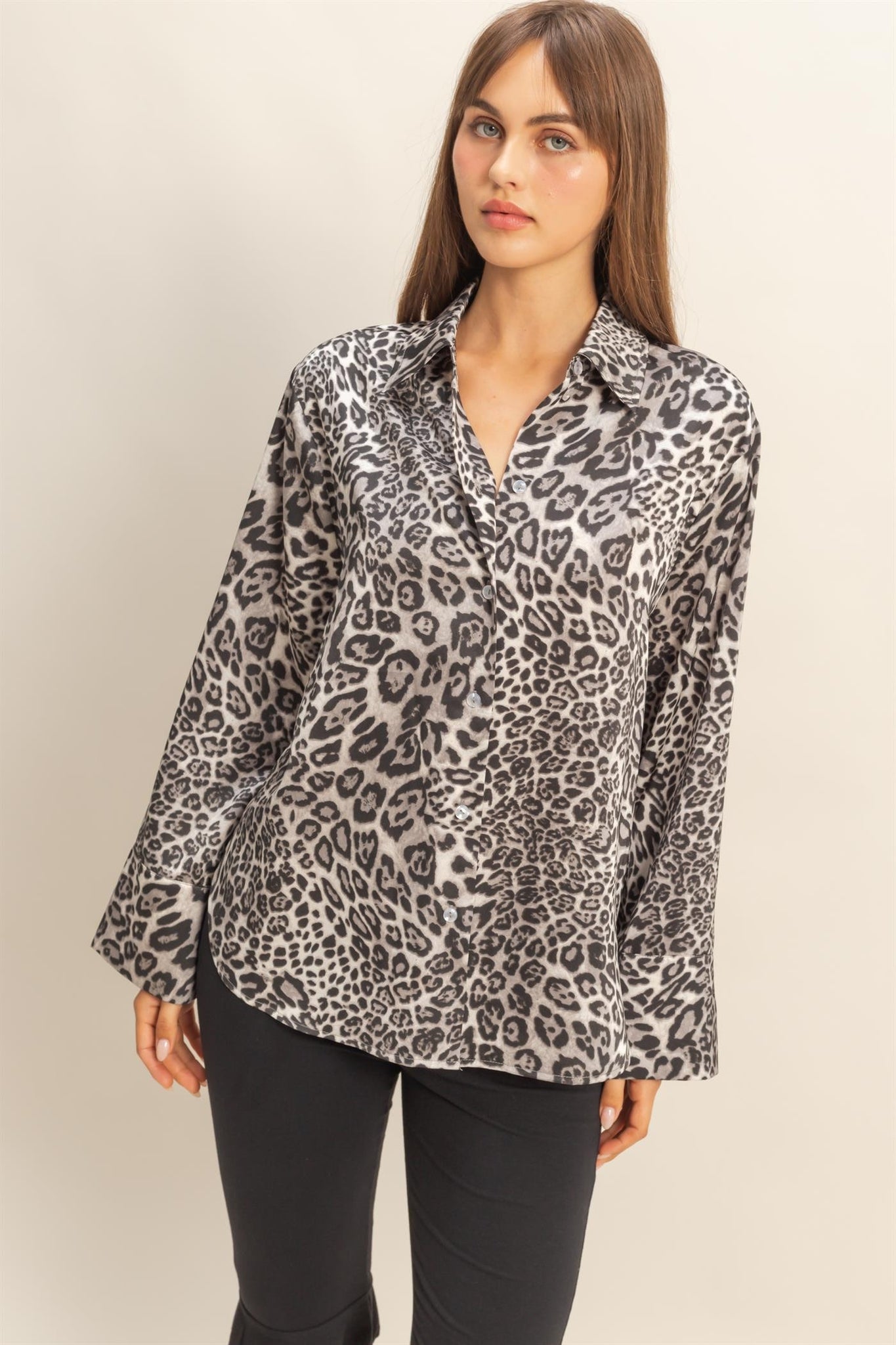 Black Leopard Print Casual Button-up Shirt