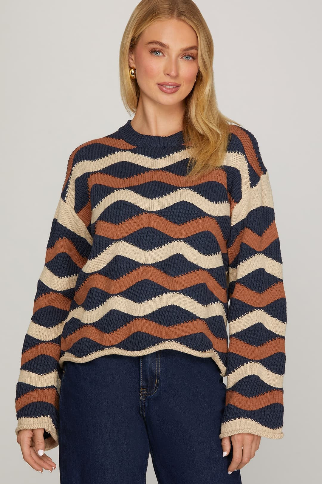 Long Sleeve Wavy Stripe Sweater Top - Navy/Cinnamon