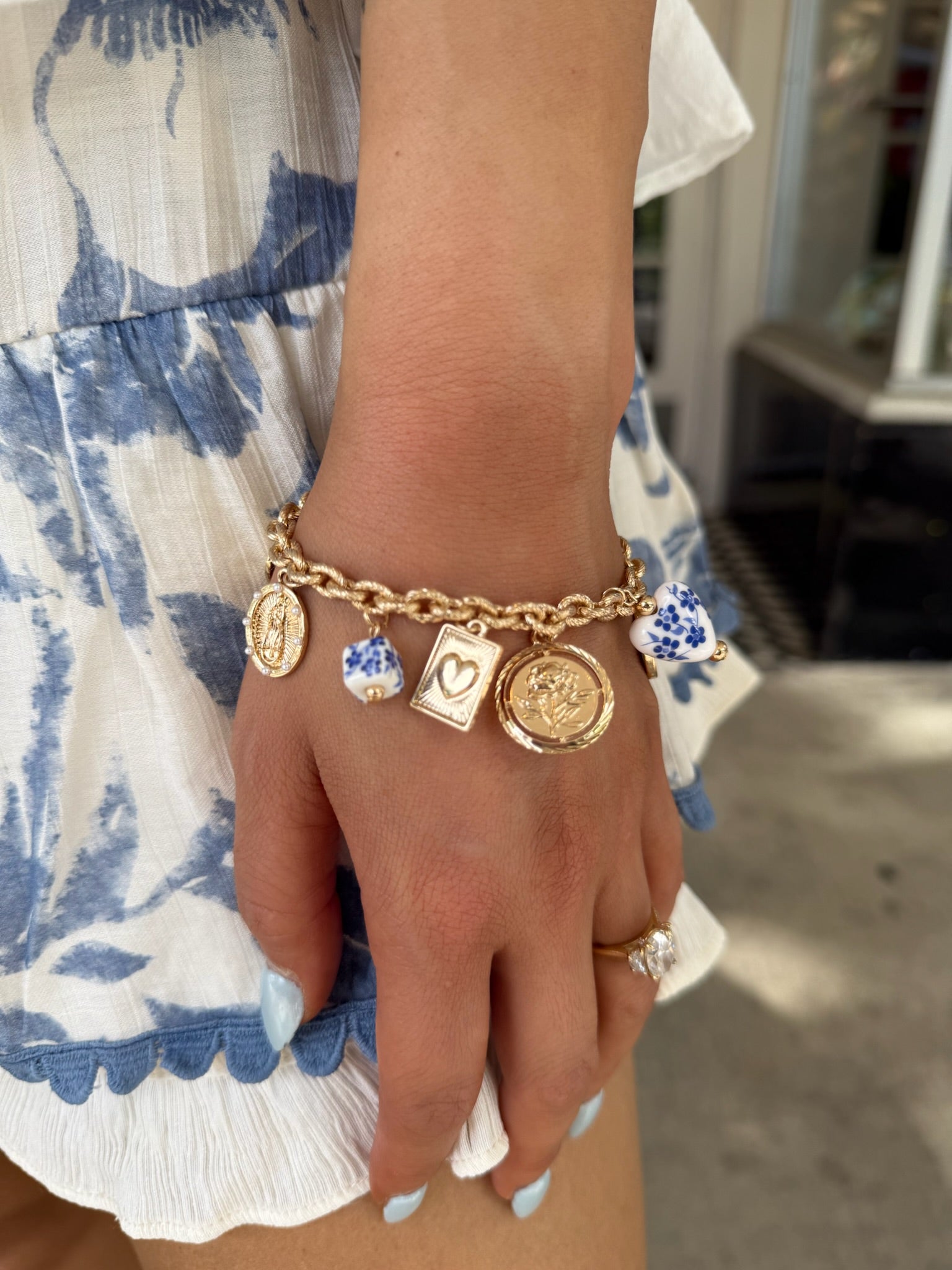 Blue Ceramic Porcelain Coin Cross Charm Bracelet