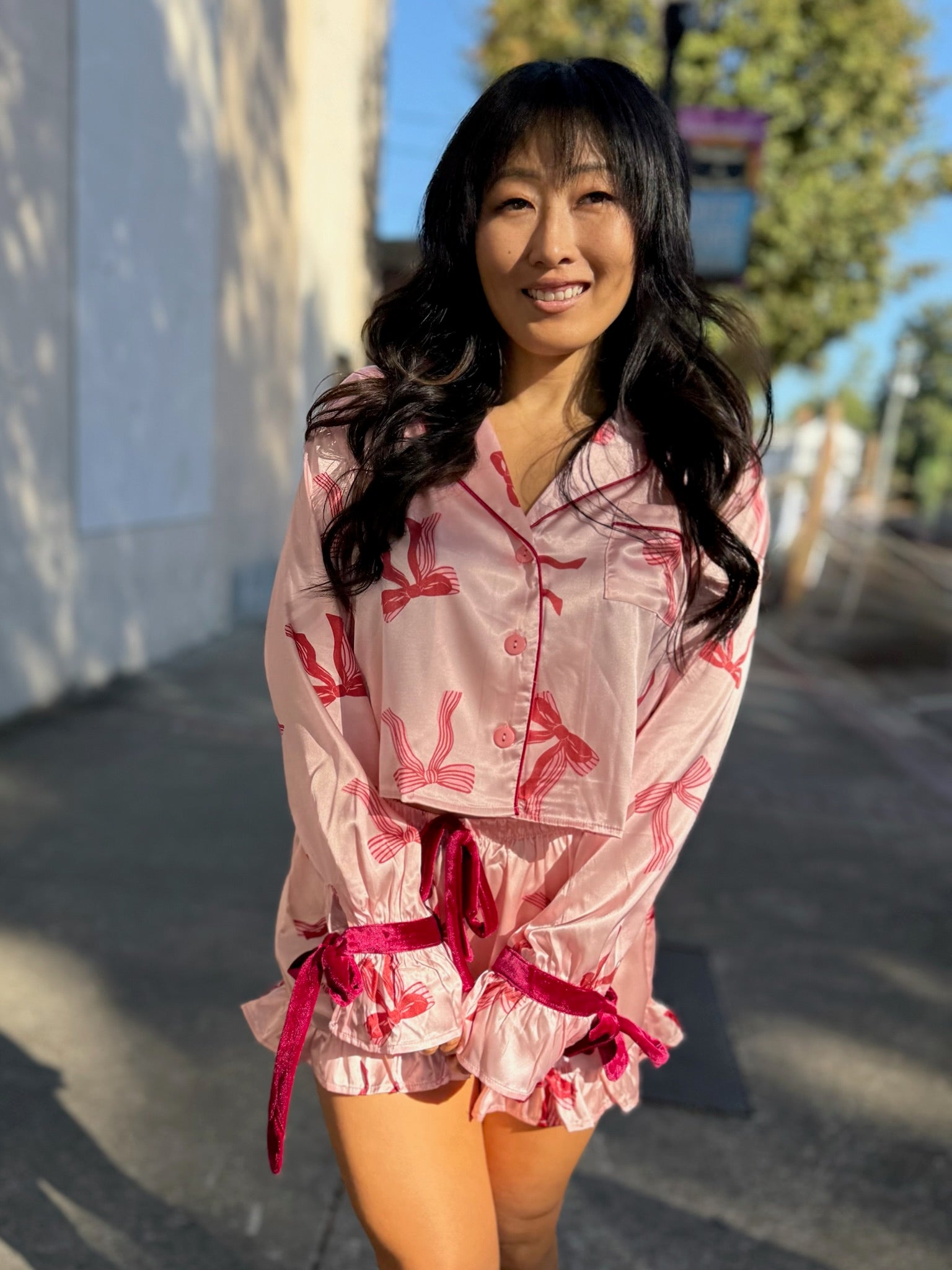 Striped Bows Cropped + Ruffled Short PJ Set