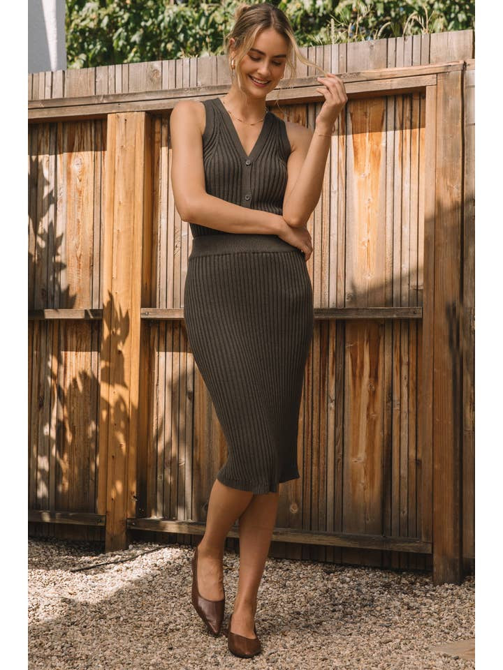 Olive Ribbed Knit Midi Skirt