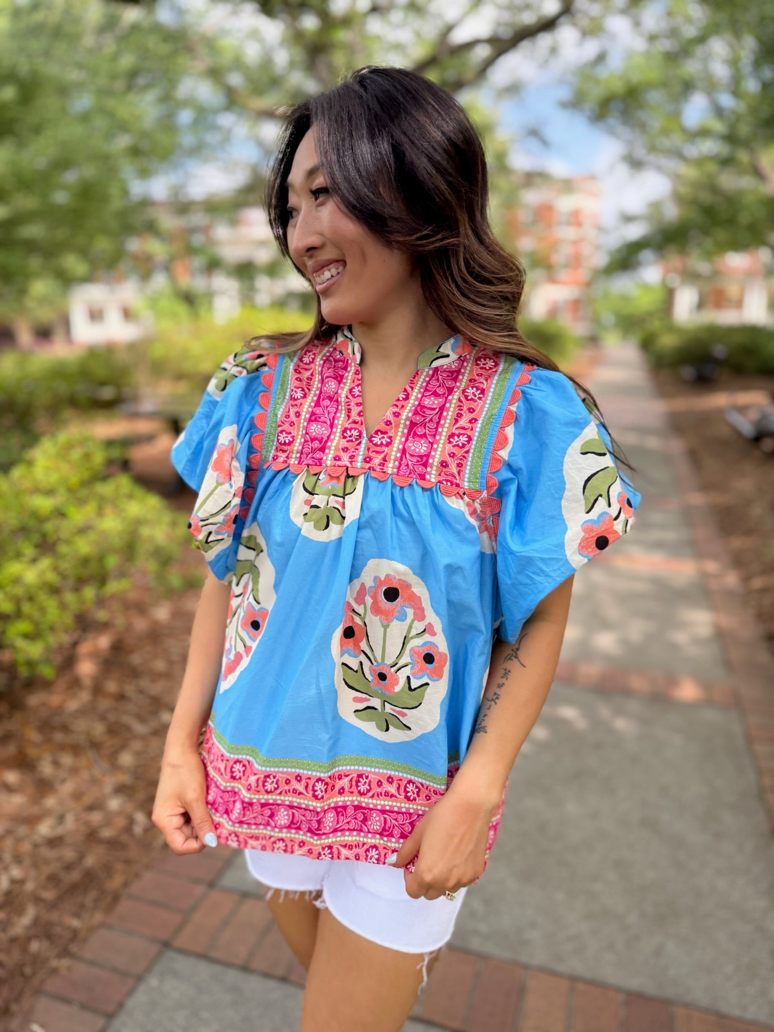 Blue Floral Border Embroidered Blouse