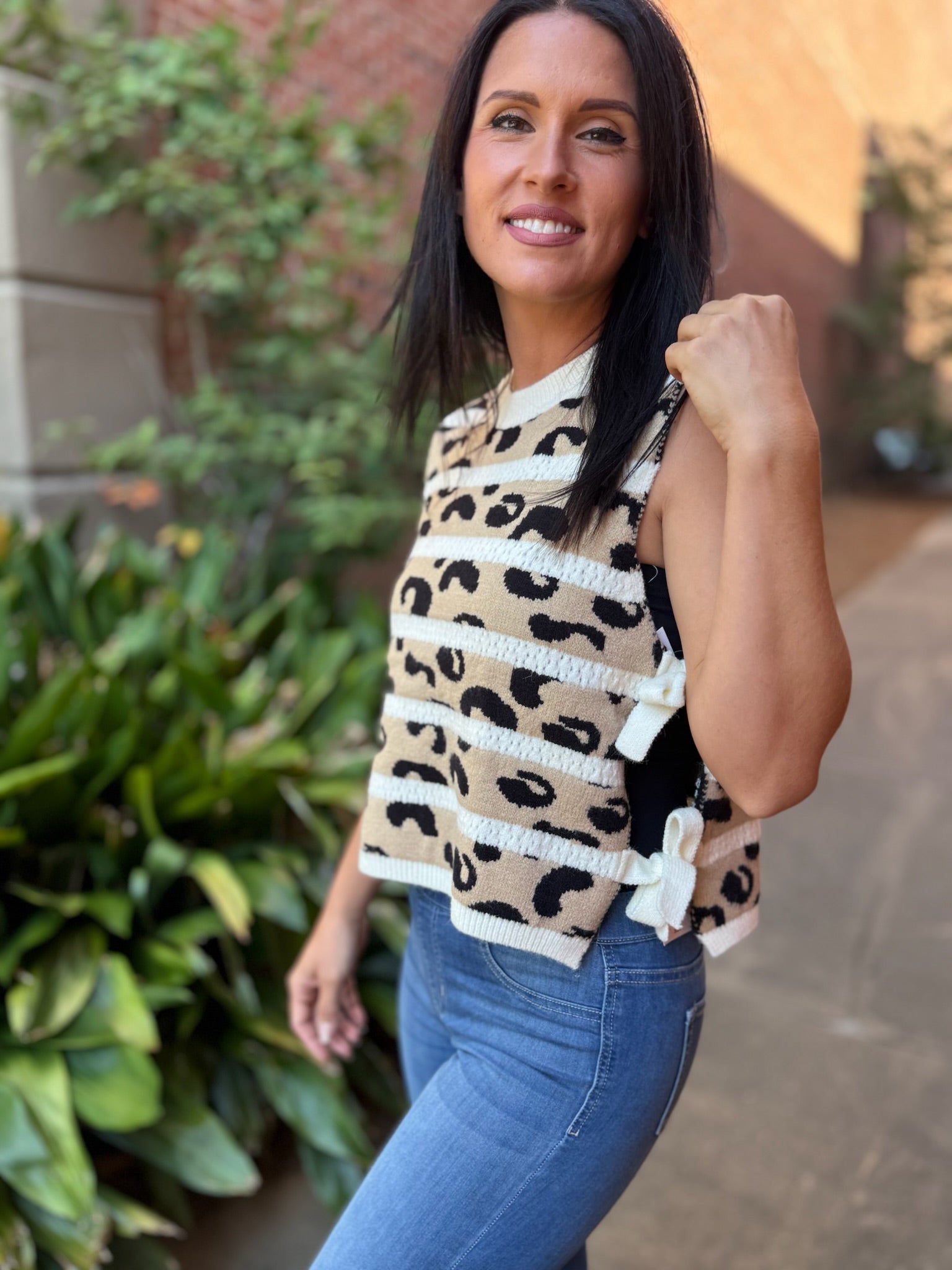 Tied to You Leopard Knit Sleeveless Sweater
