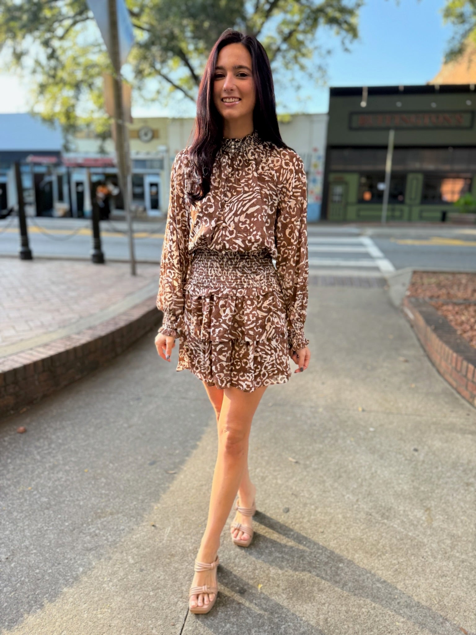Brown Animal Print Smocked Waist Mini Dress