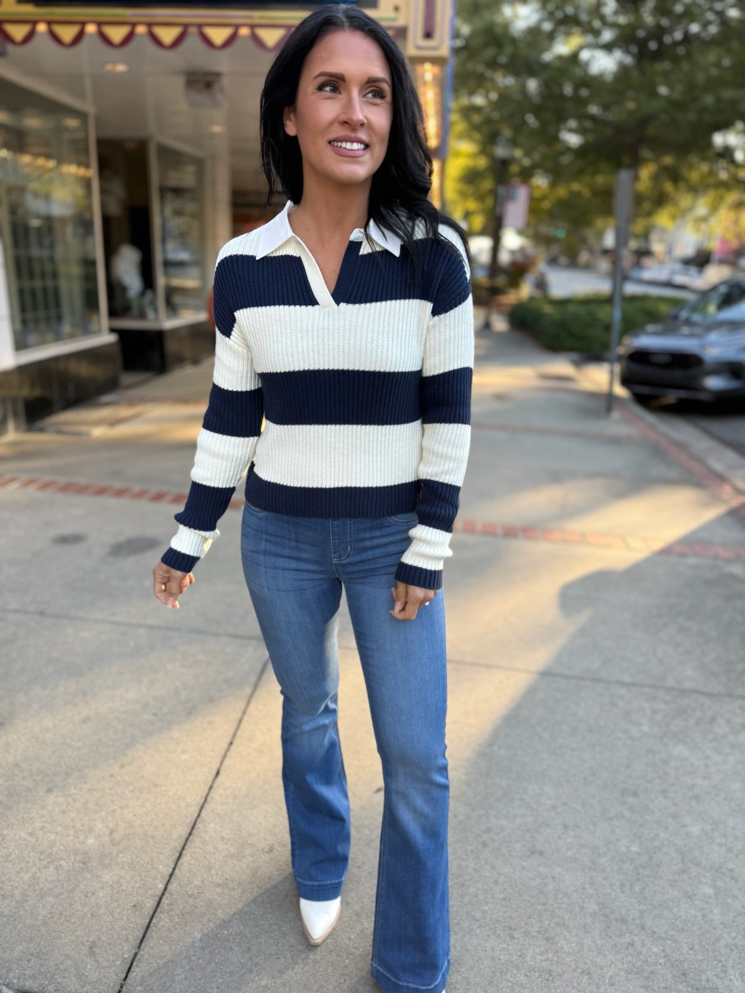 Cream-Navy Coastal Stripes Rugby Sweater