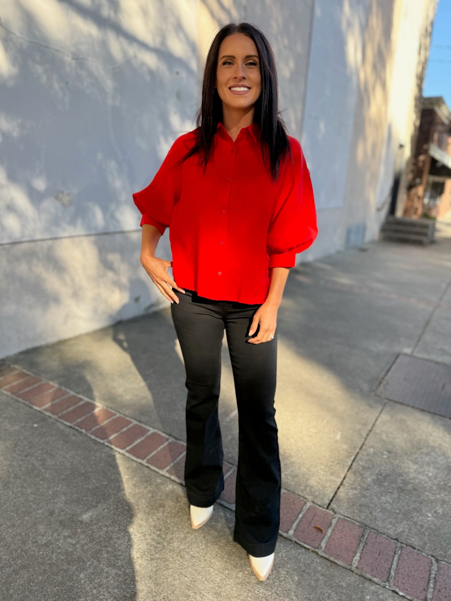 Polished Charm Puff Sleeve Shirt - Candy Red