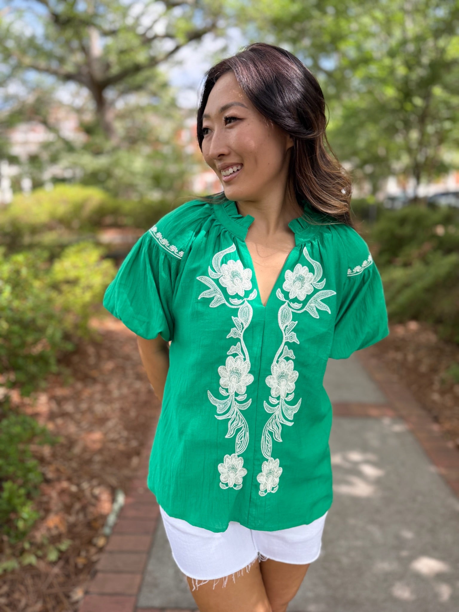 Kelly Green Floral Embroidered Puff Sleeve Top