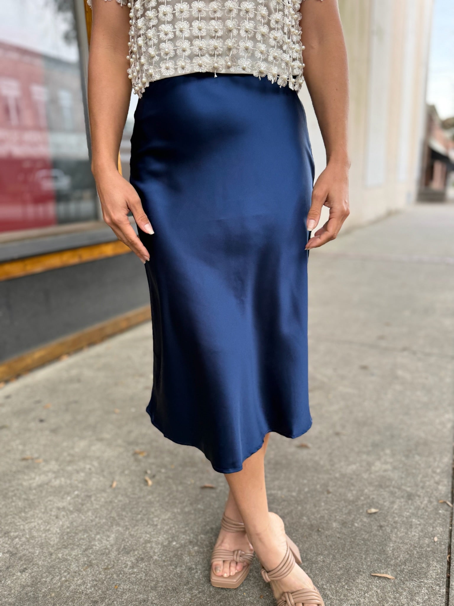 Satin Bias Midi Skirt - Navy