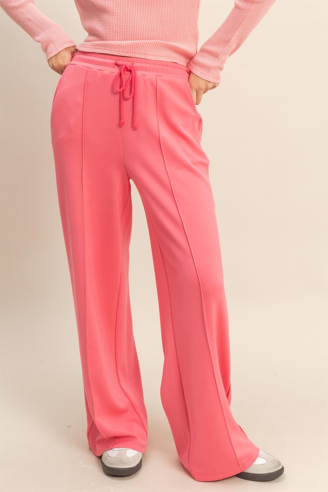 Taffy Pink Double Knit High-waist Pintuck Wide Leg Pants