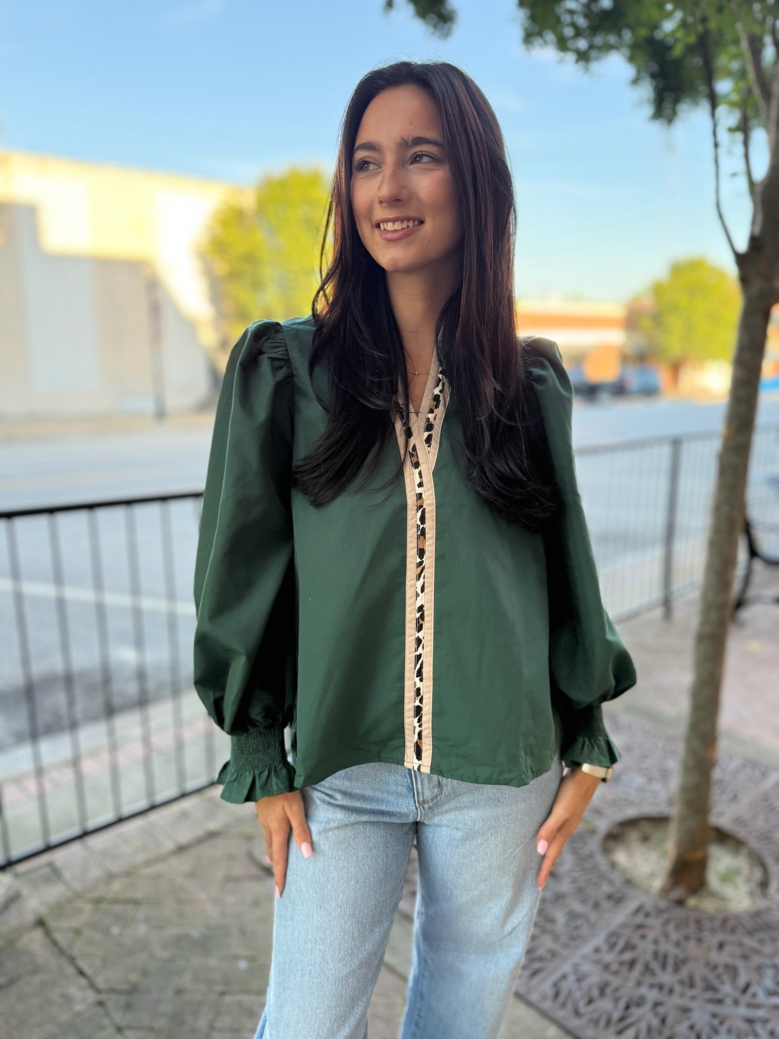 Emerald Edge Puff Sleeve Blouse