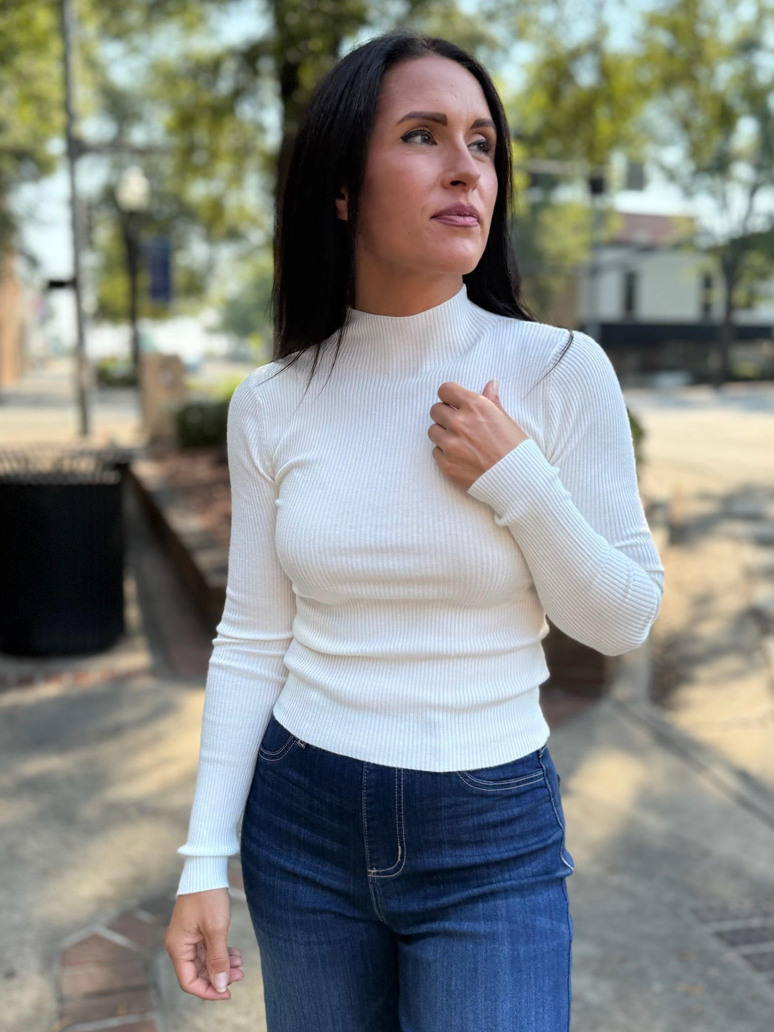 Cream Turtleneck Long Sleeve Fitted Top