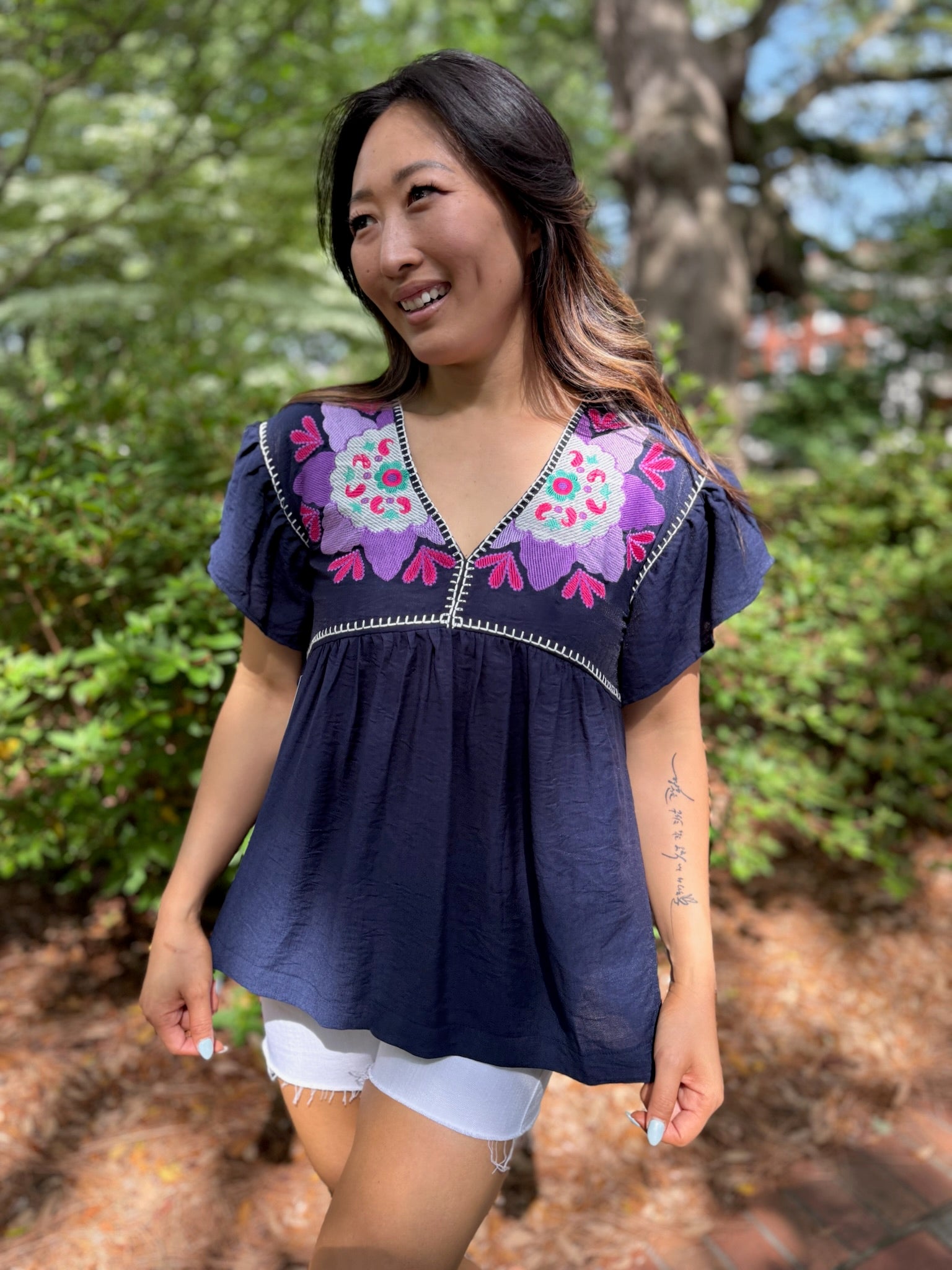 Navy Floral Embroidered Ruffle Sleeve Top