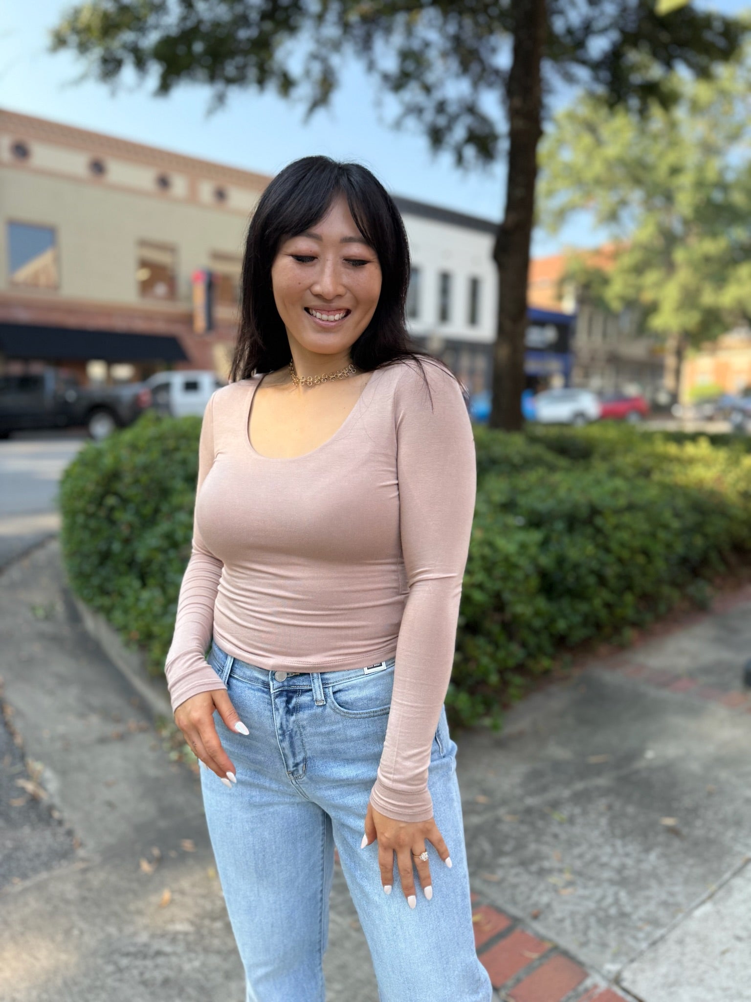 Dark Taupe Scoop Neck Long Sleeve Crop Top