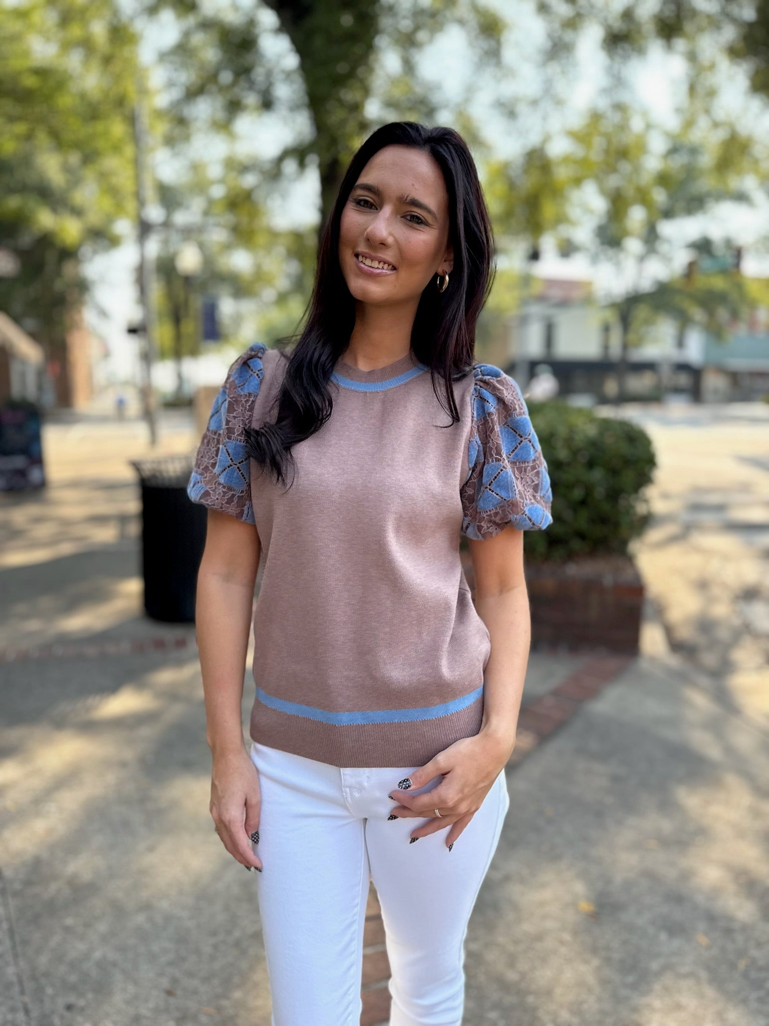 Mocha Lase Short Bubble Sleeve Crew Neck Sweater