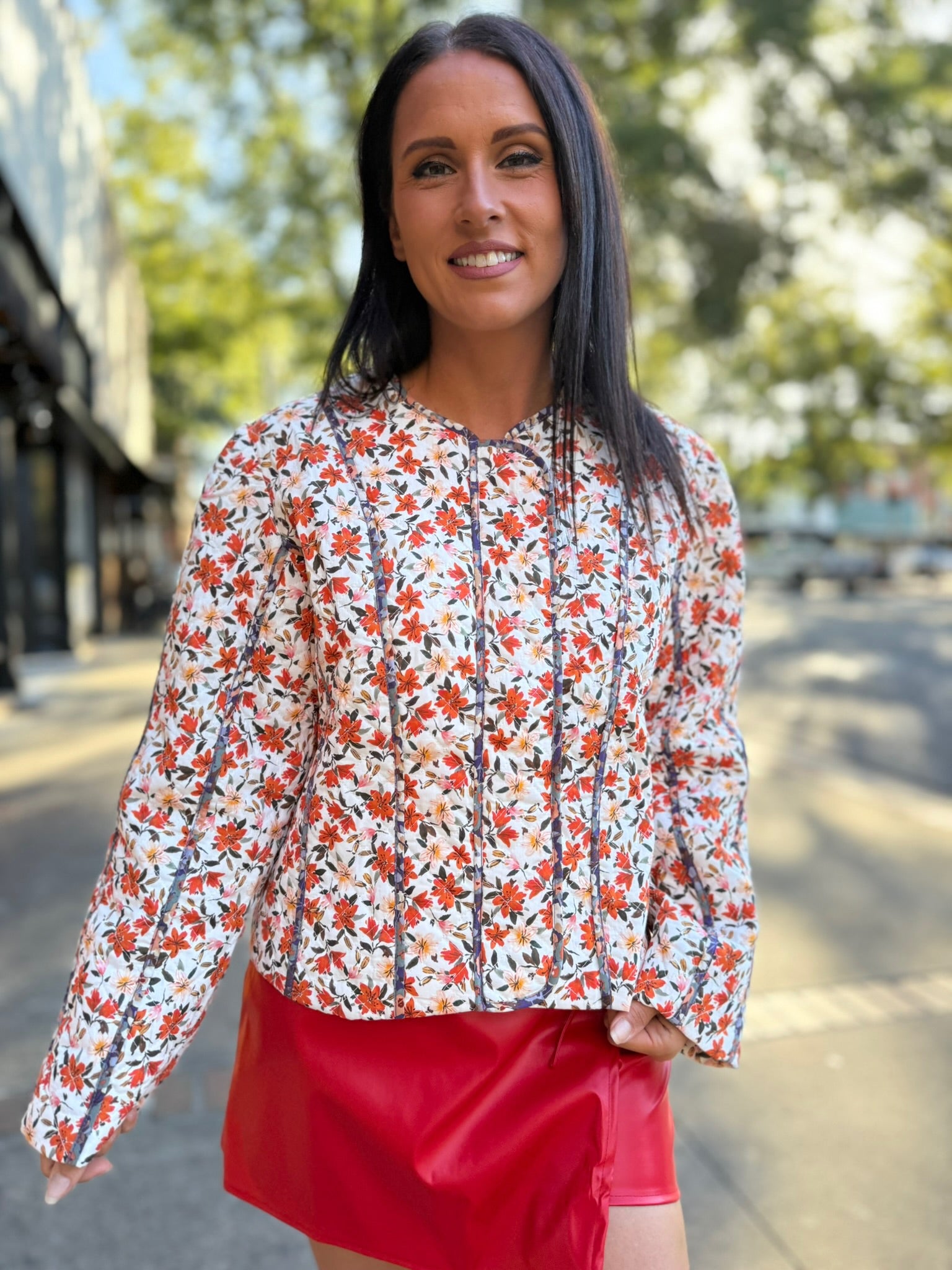 Off White Multi Contrasting Piping Floral Print Quilted Jacket
