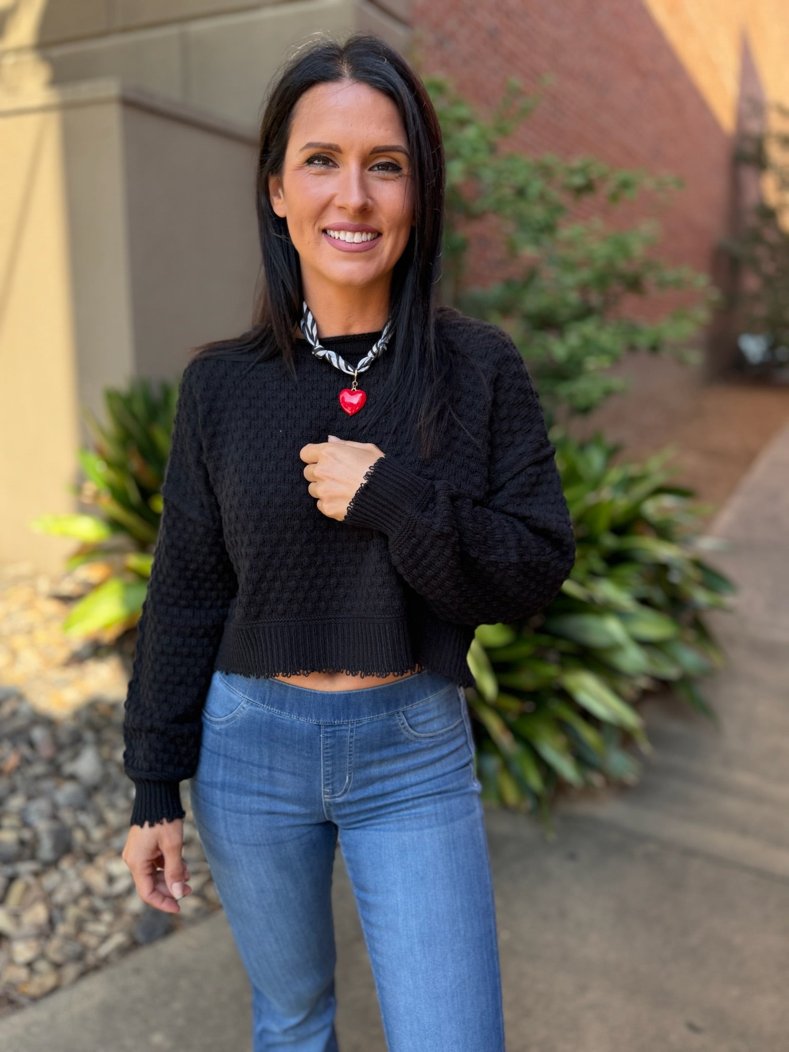 Black Textured Round Neck Long Sleeve Sweater
