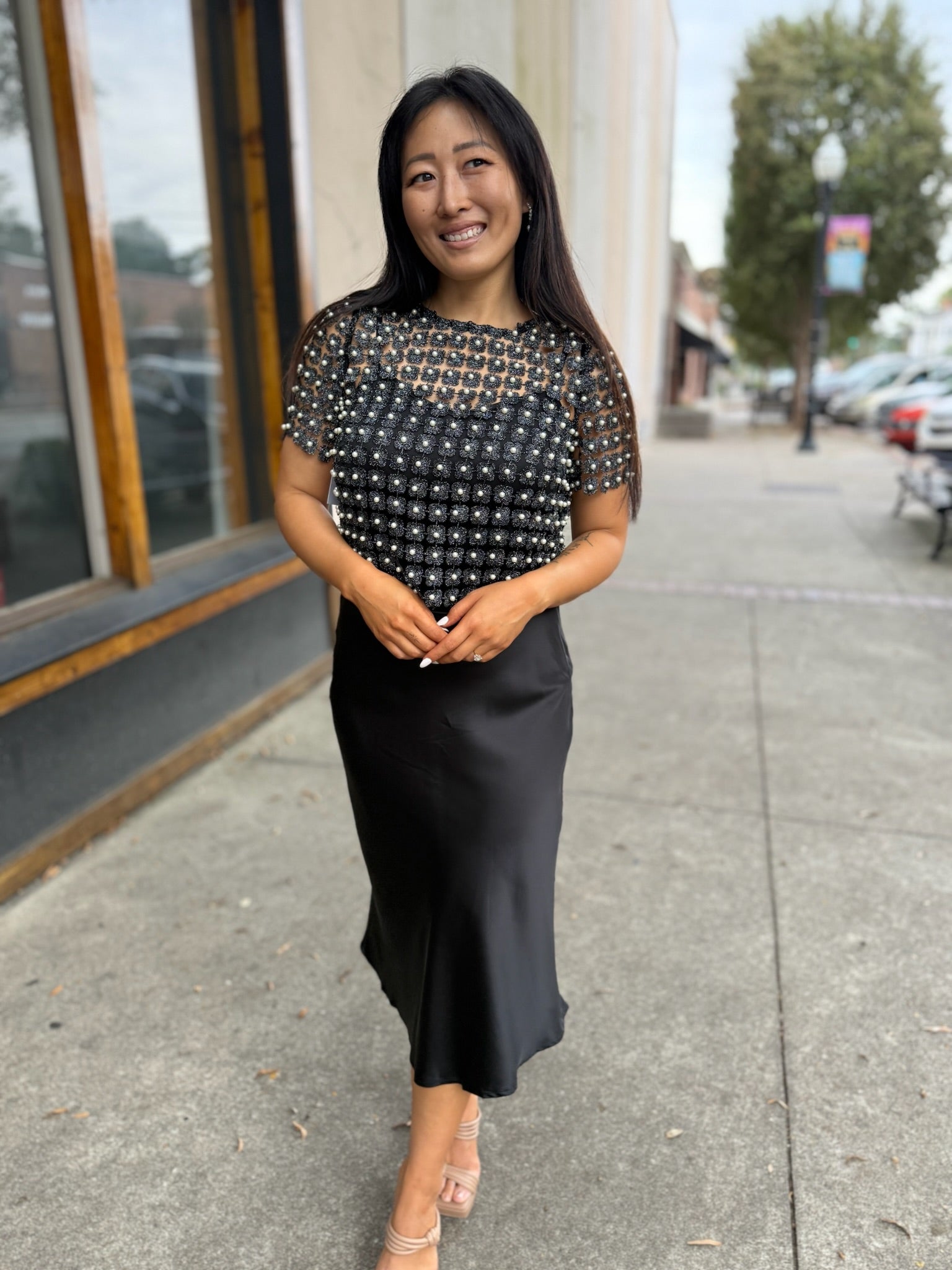 Satin Bias Midi Skirt - Black