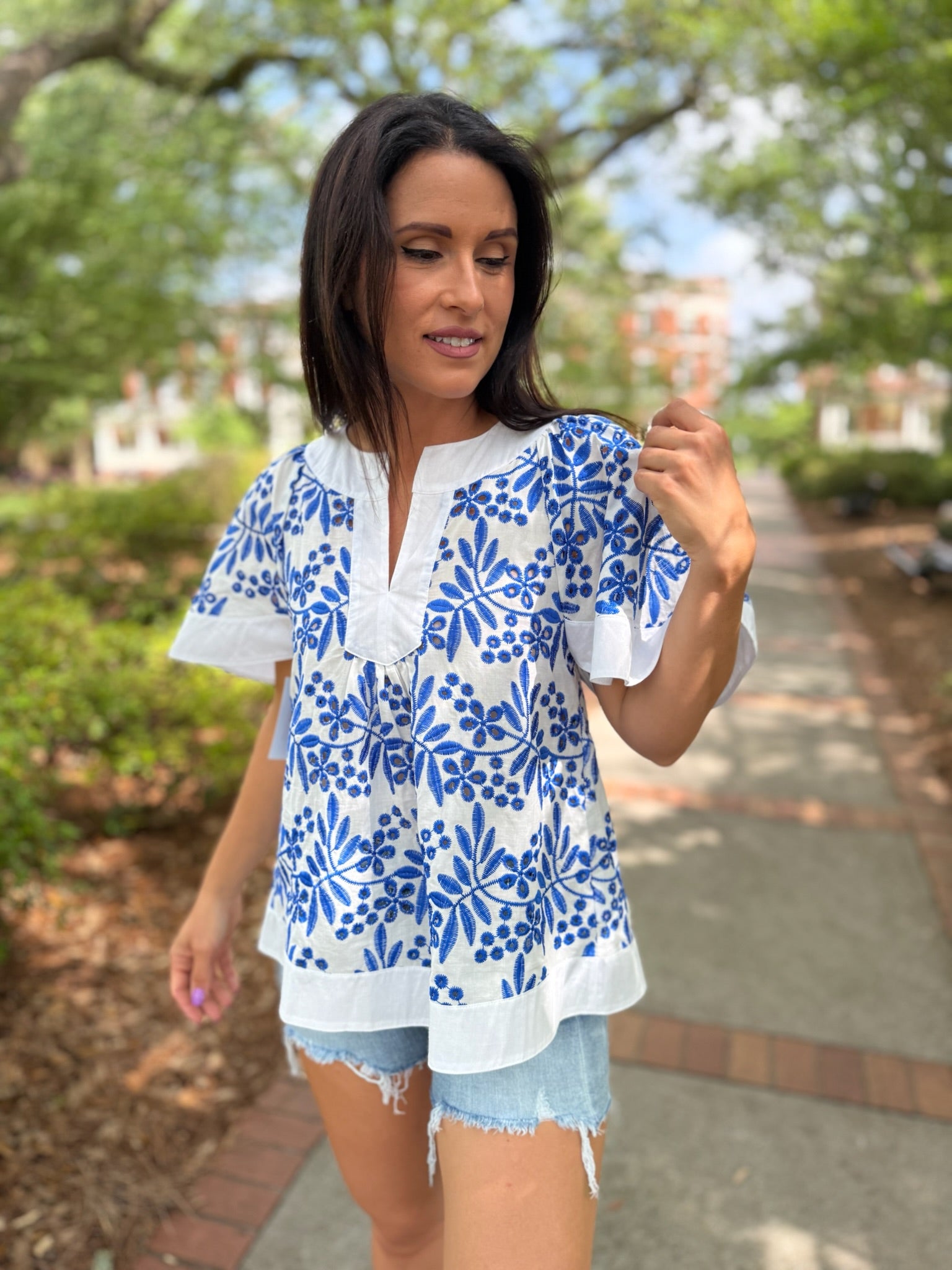 Off White Floral Eyelet Split Neck Top