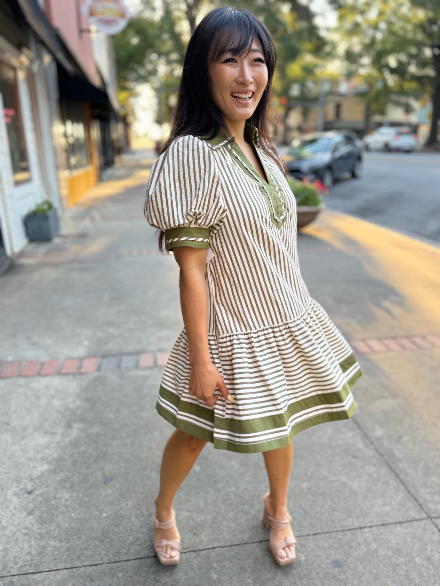 Olive Stripe Drop Waist Dress