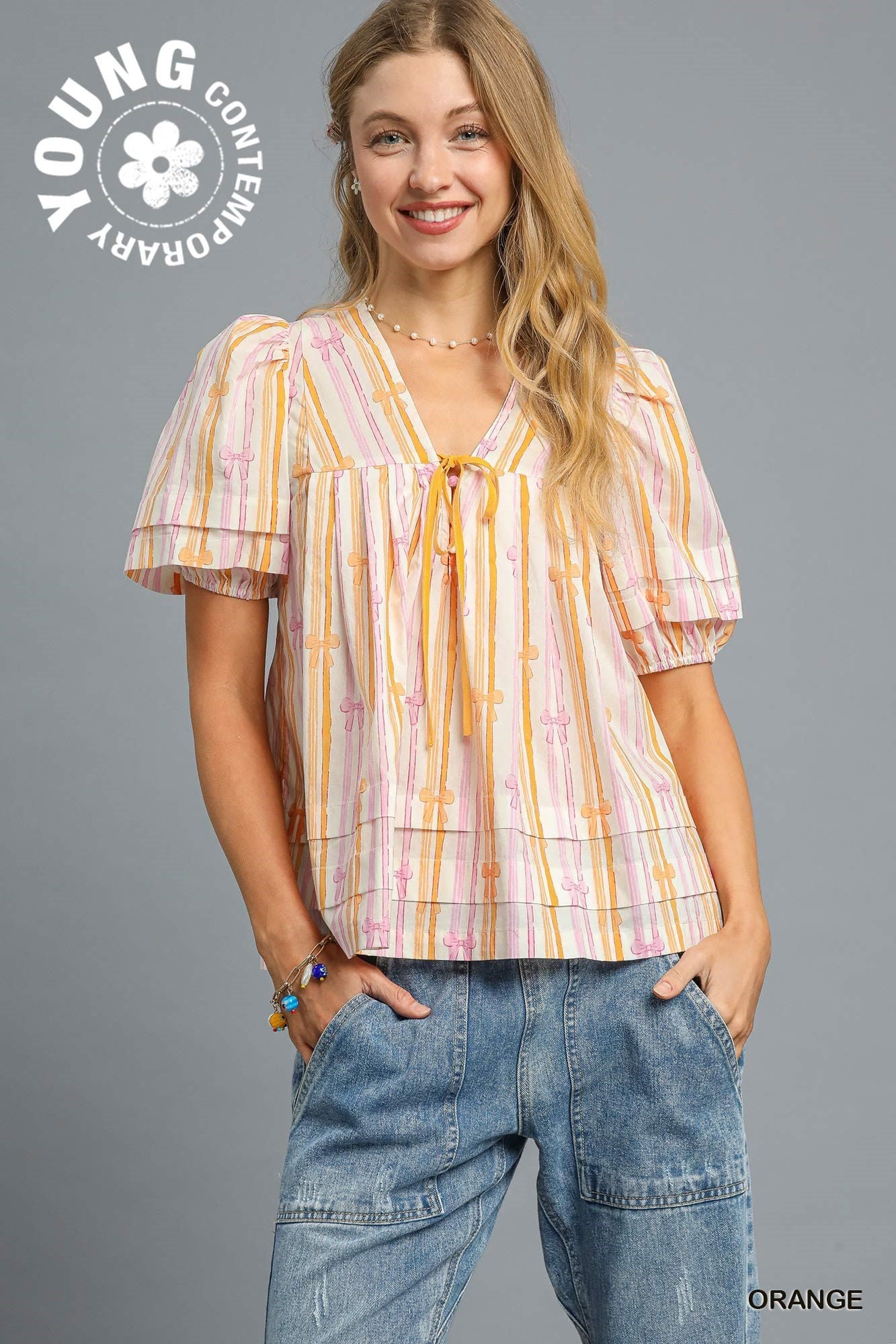Orange Bow Stripe Tie-Front Top