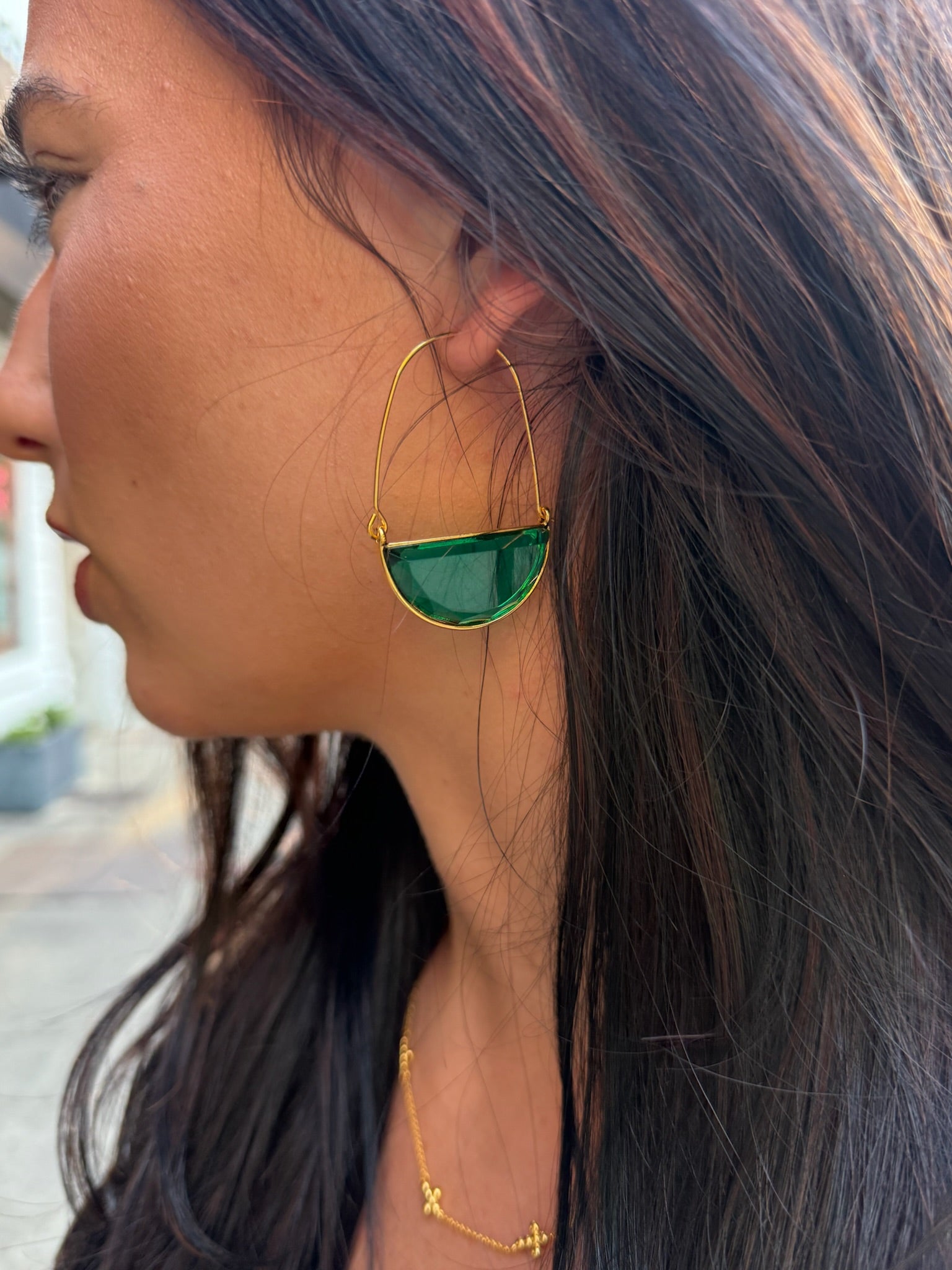Threader Earrings with Emerald Half Circle Crystal
