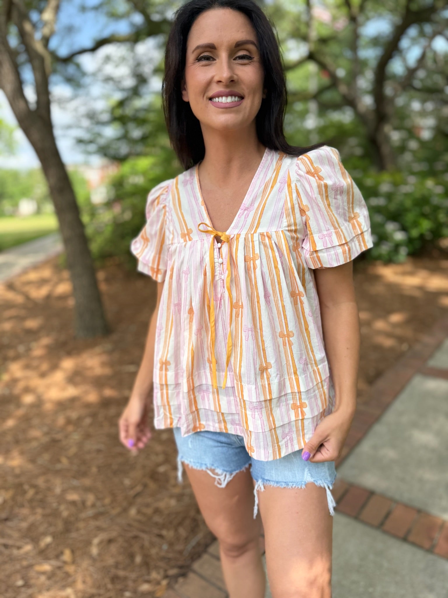 Orange Bow Stripe Tie-Front Top