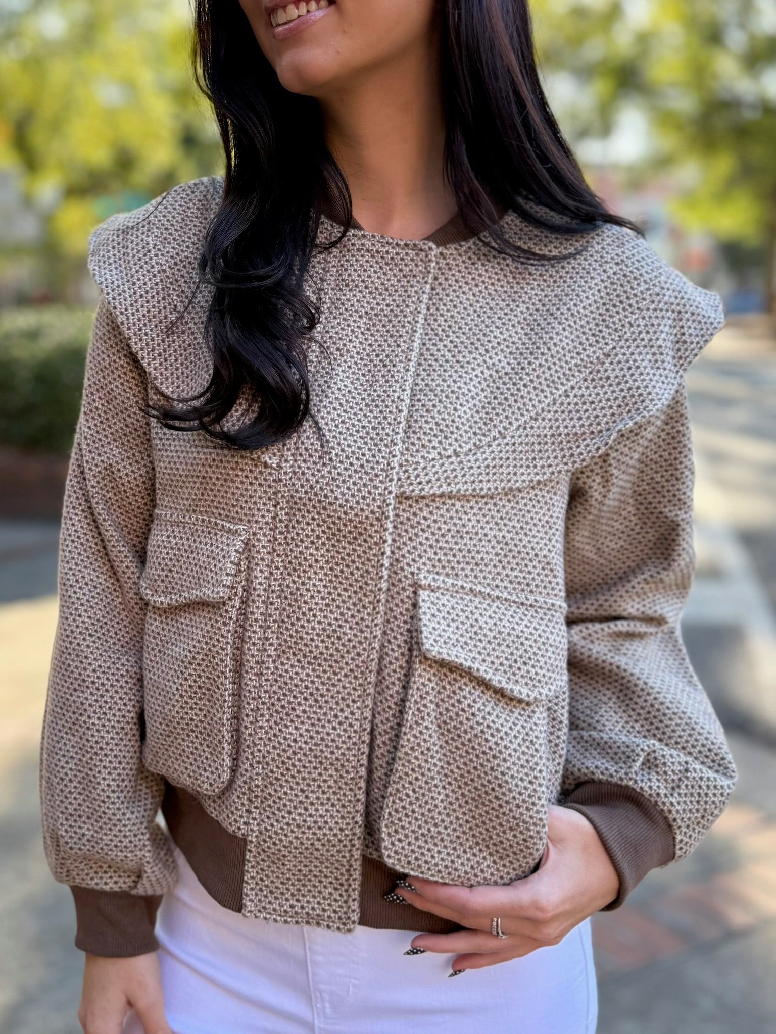 Taupe/Brown Perforated Pattern Ruffle Detail Bomber Jacket