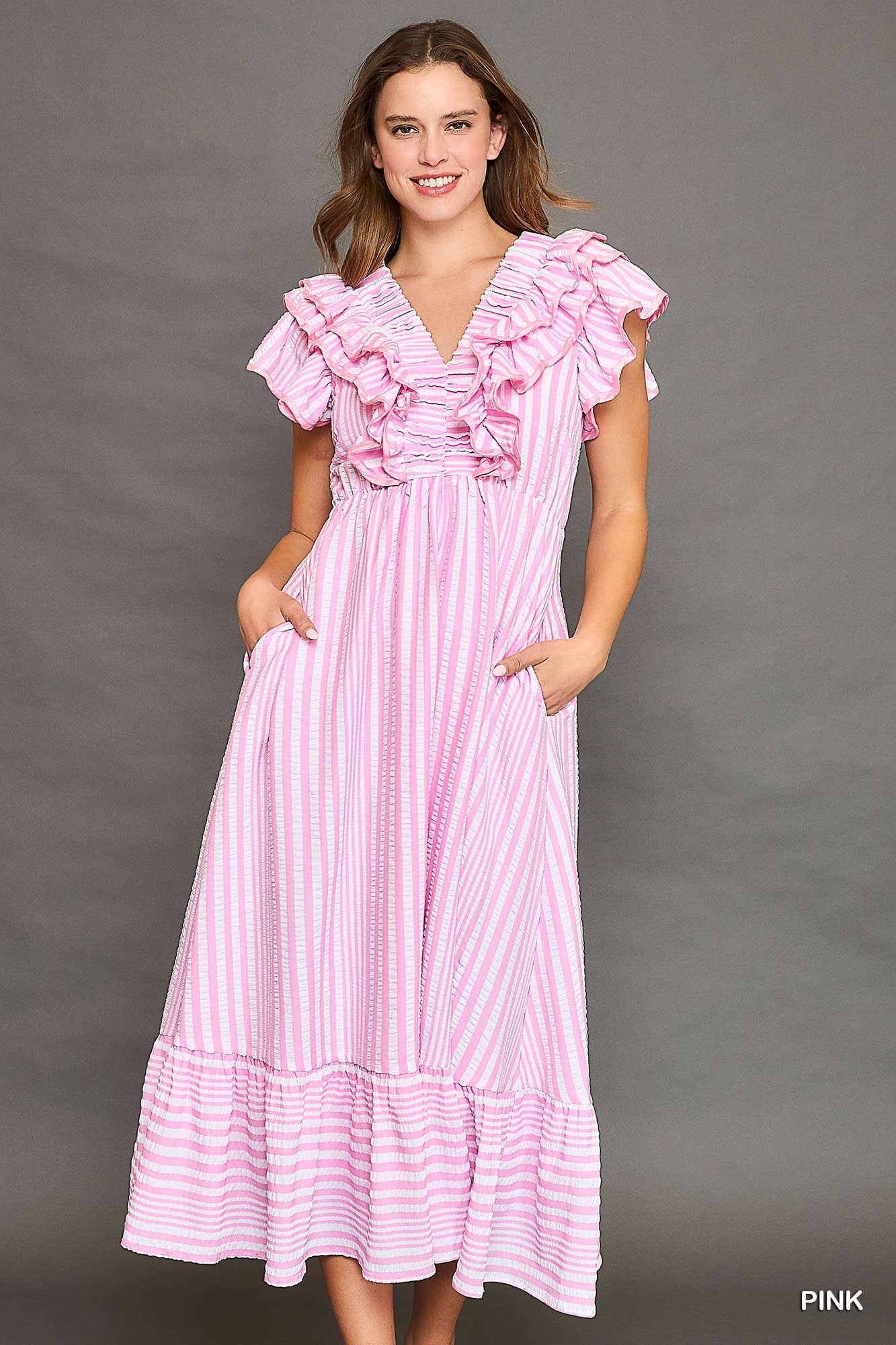 Pink Striped Ruffle Midi Dress