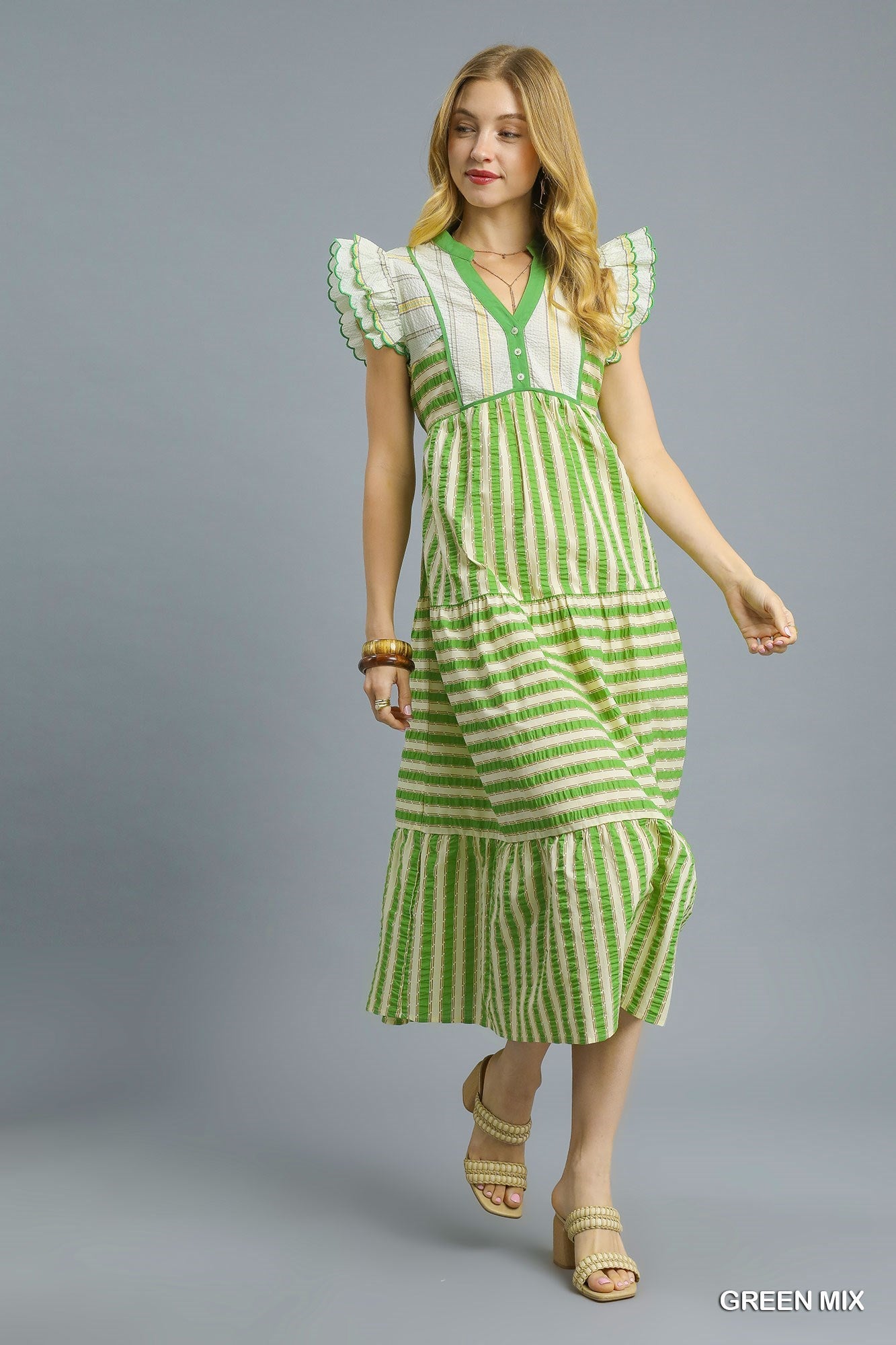 Green Mix Striped Ruffle Sleeve Button Front Midi Dress