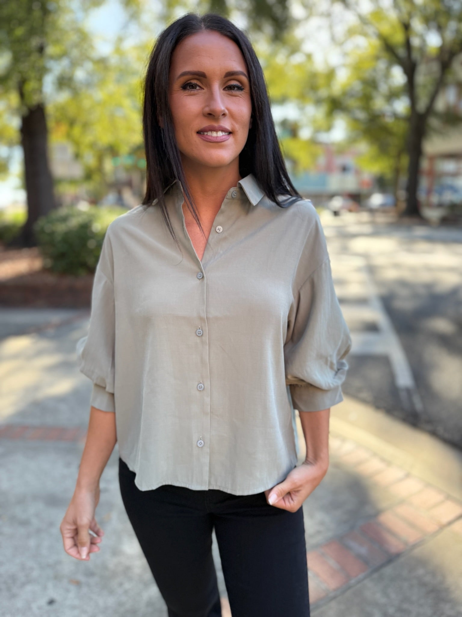 Polished Charm Puff Sleeve Shirt - Lt.Olive