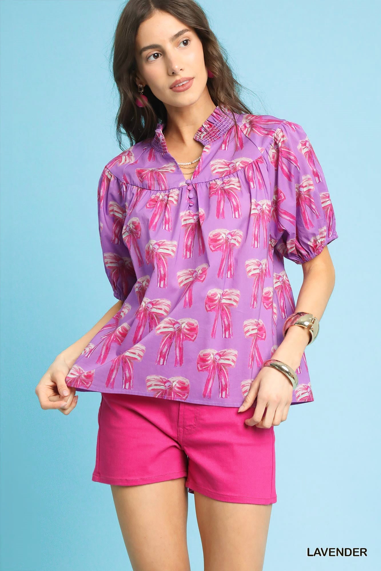 Lavender Bow Print Puff Sleeve Blouse