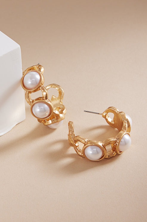 Gilded Pearl Hammered Hoops