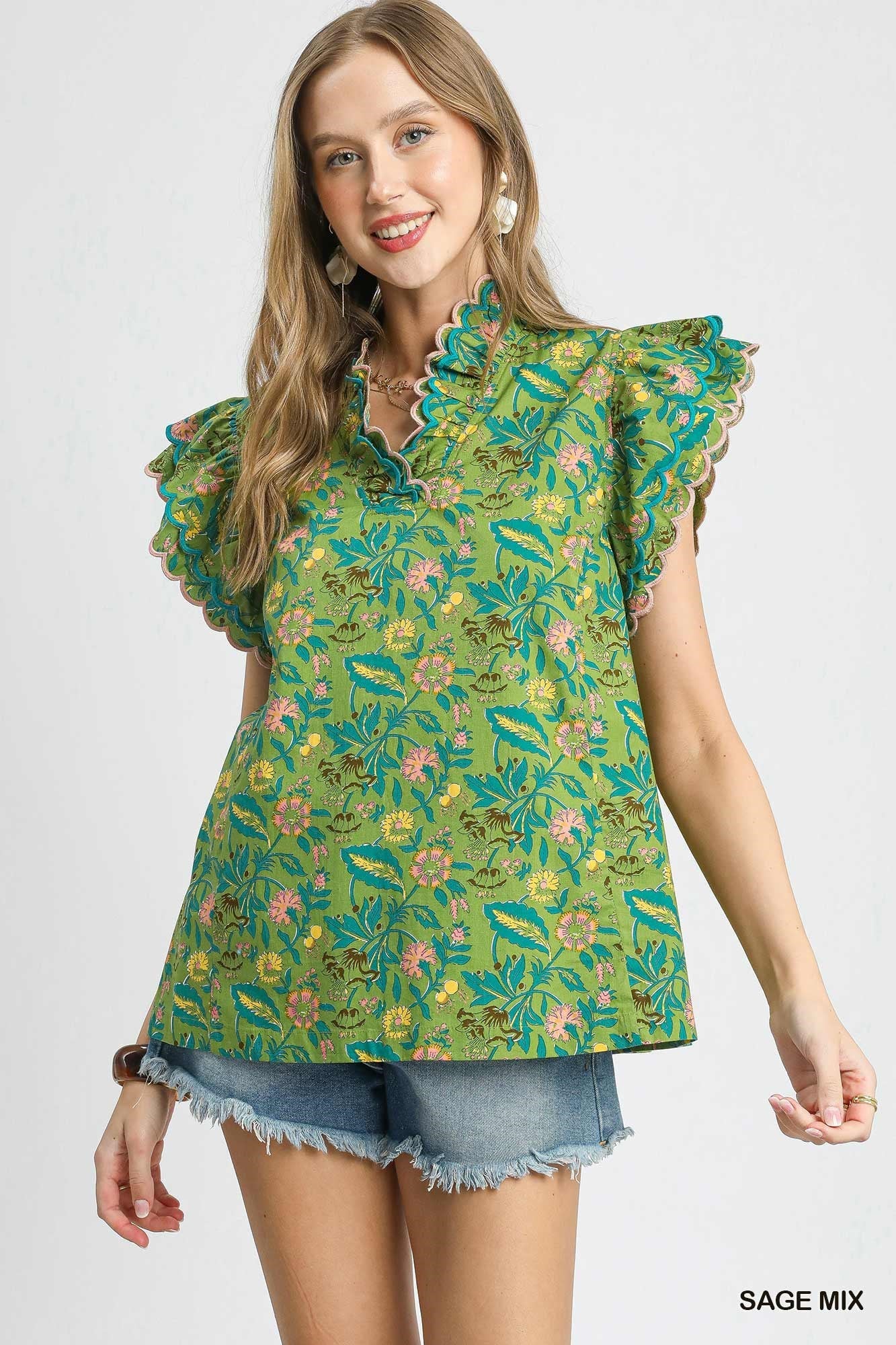 Sage Mix Floral Scallop Edge Ruffle Sleeve Top