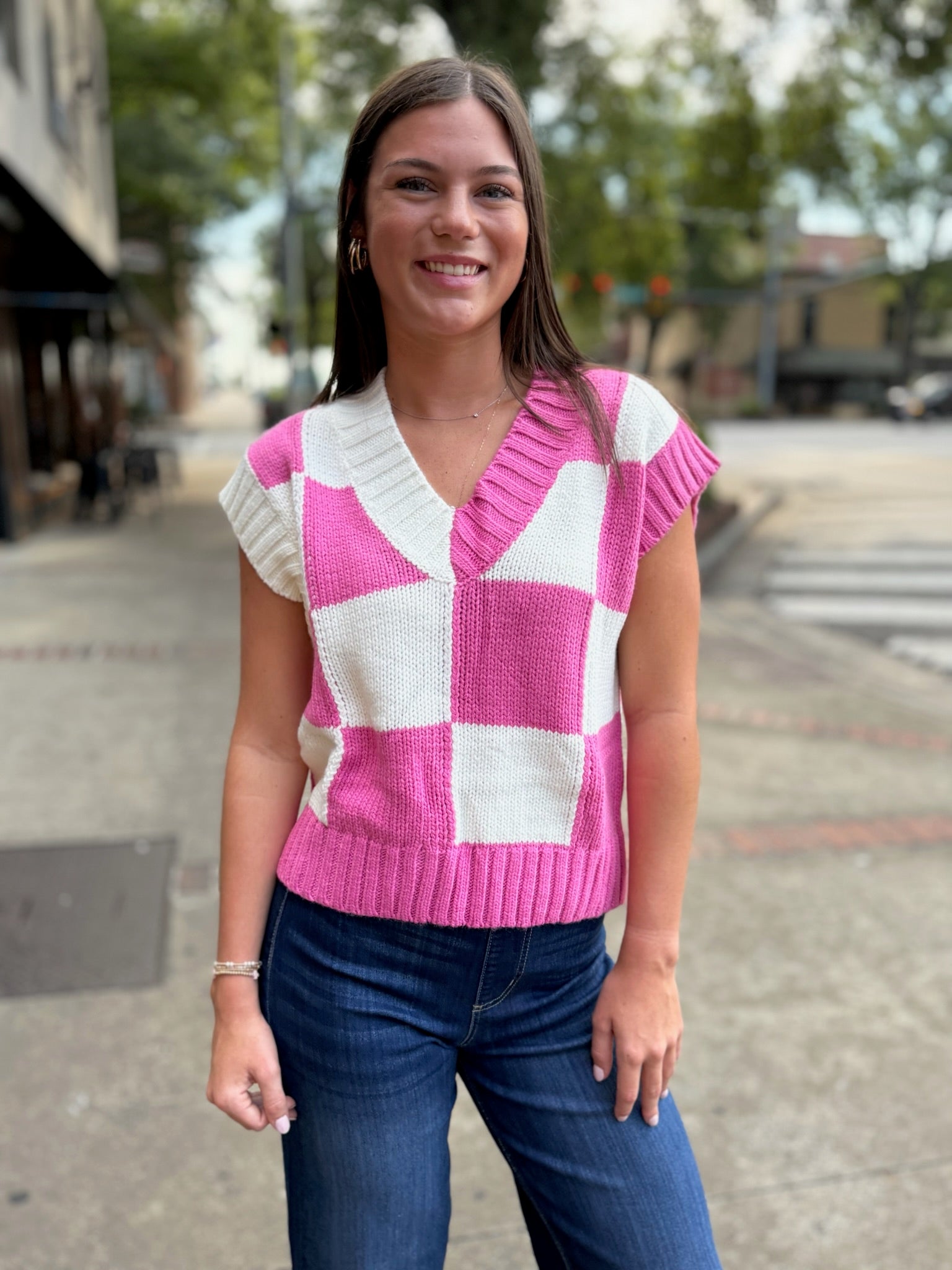 Hot Pink Checkered Sweater Vest