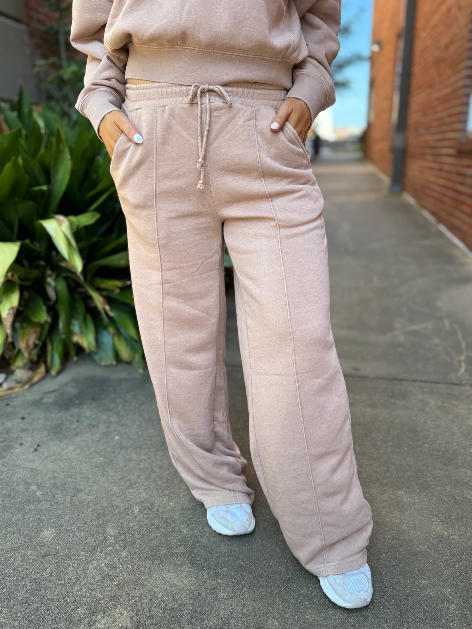 Dark Taupe Double Knit High-waist Pintuck Wide Leg Pants