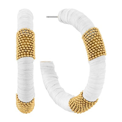 White Raffia & Gold Bead Hoops