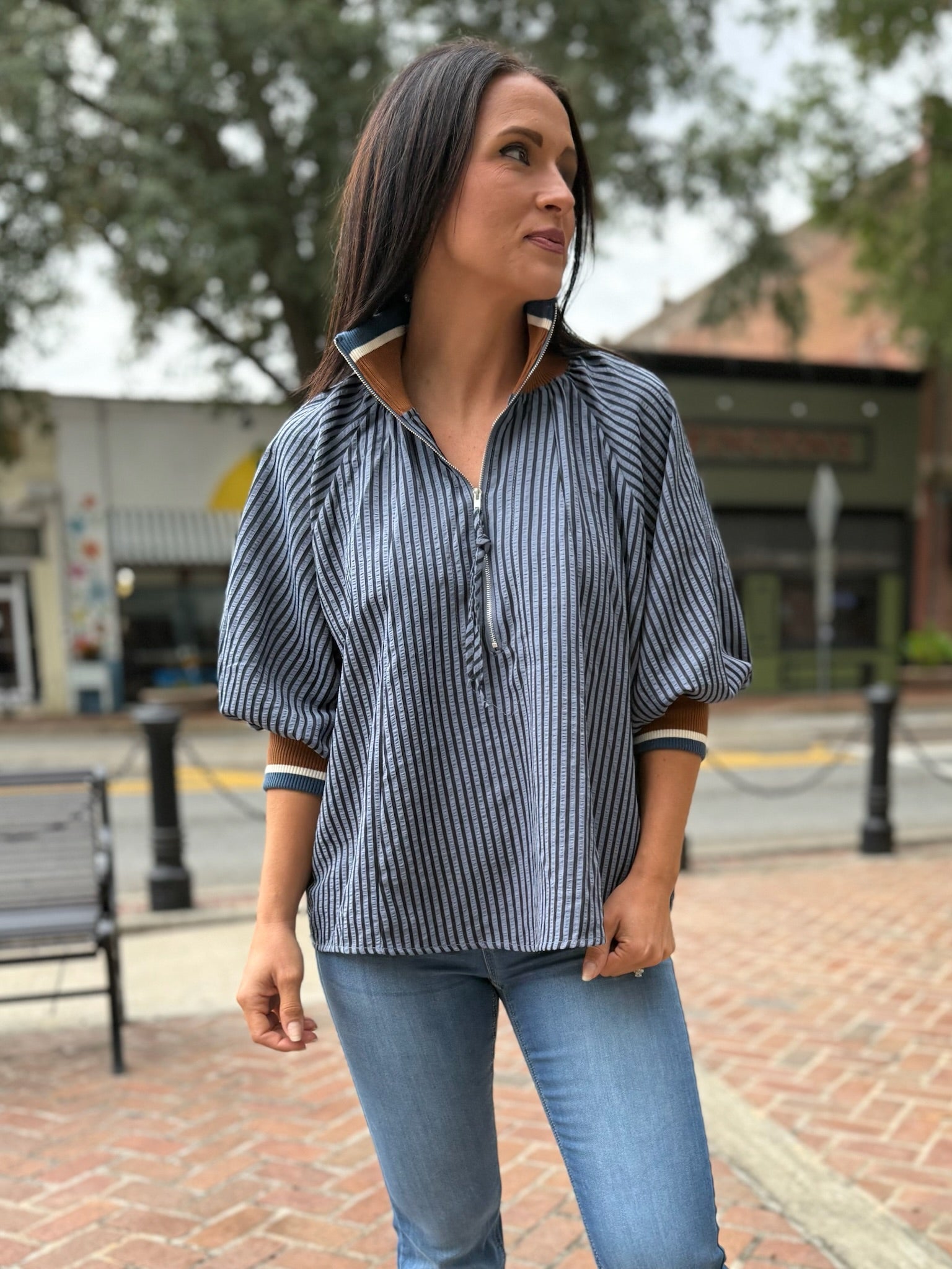 3/4 Sleeve Half Zip Striped Top - Navy