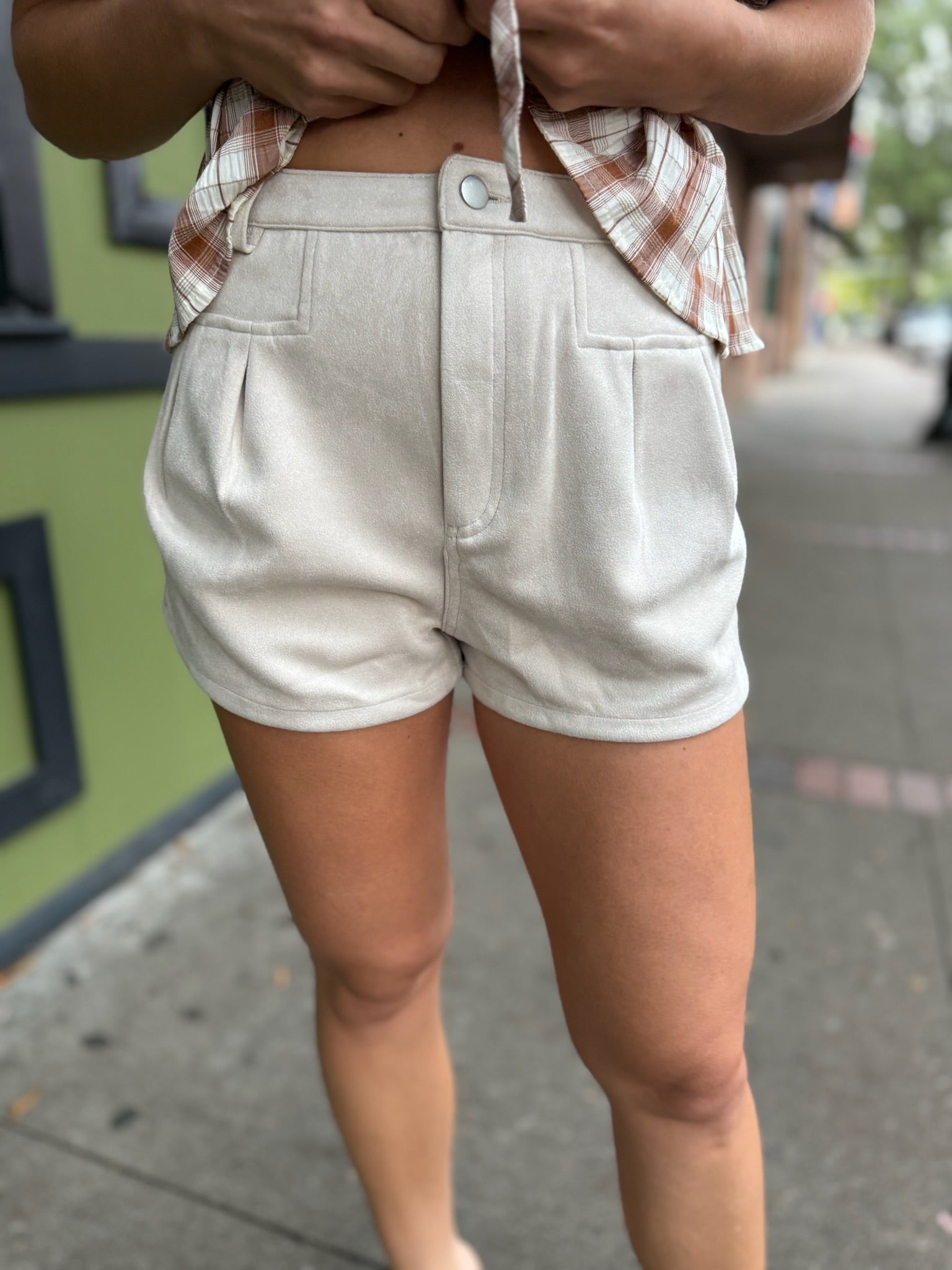 Sandstone Pleated Suede Shorts