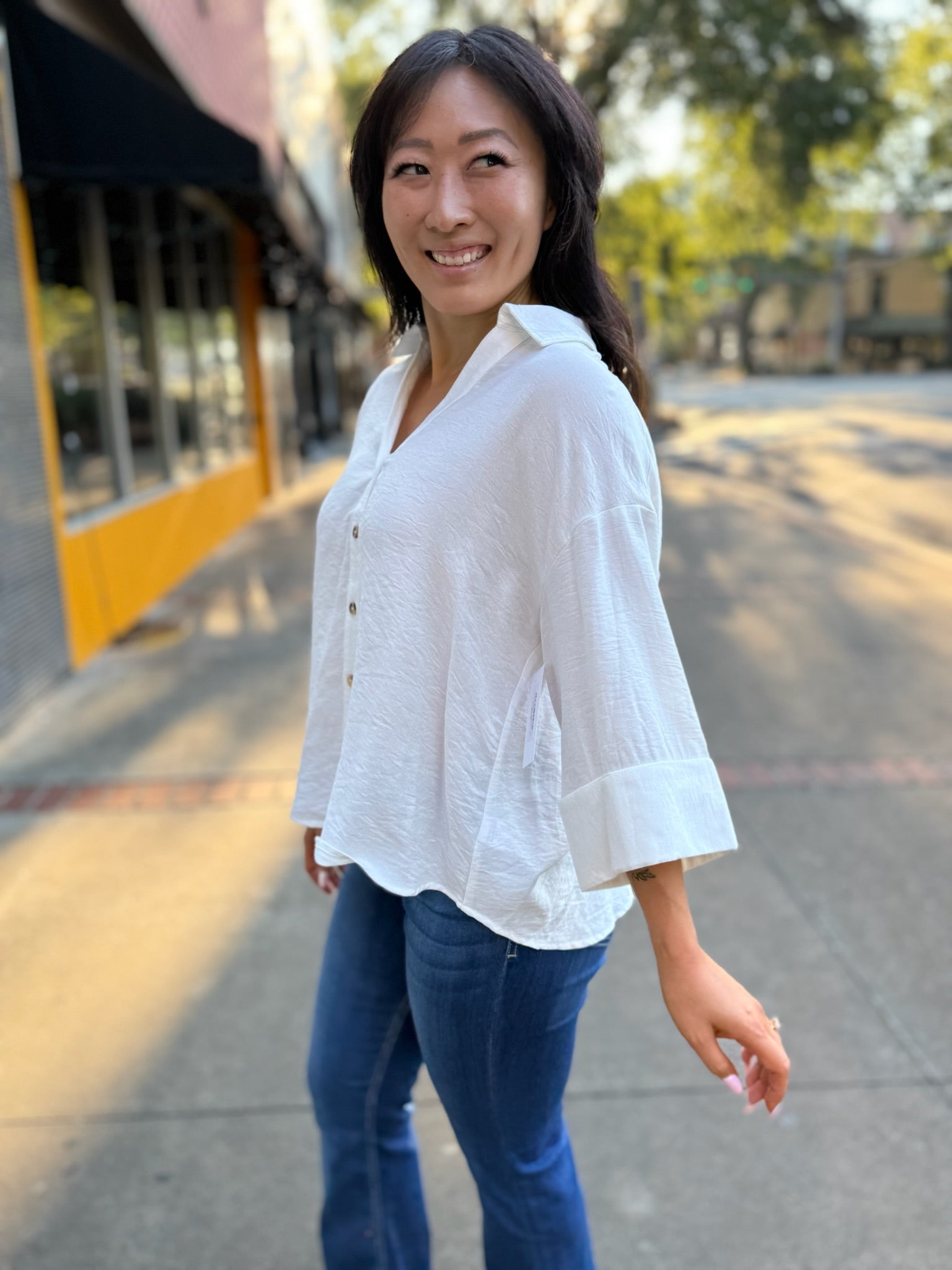 Harper Button-Front Wide Cuff Blouse